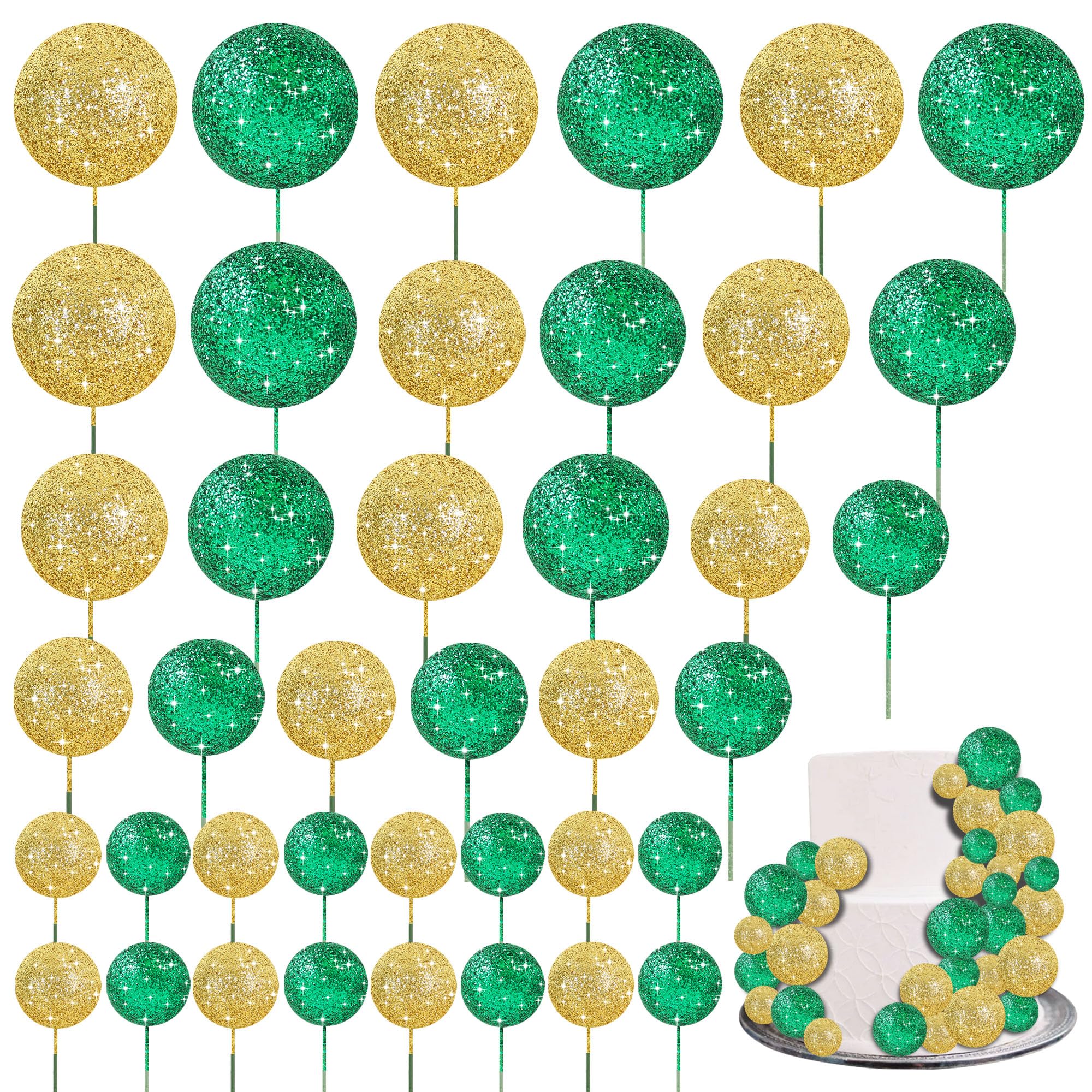 RIBBOOO 40 Pcs Ball Cake Toppers Insert Balls Cake Decorations Foam Balls Cake Toppers DIY Cake Ornament for Christmas Birthday Baking Graduation Anniversary and Wedding Party (Green Gold) โ image 1