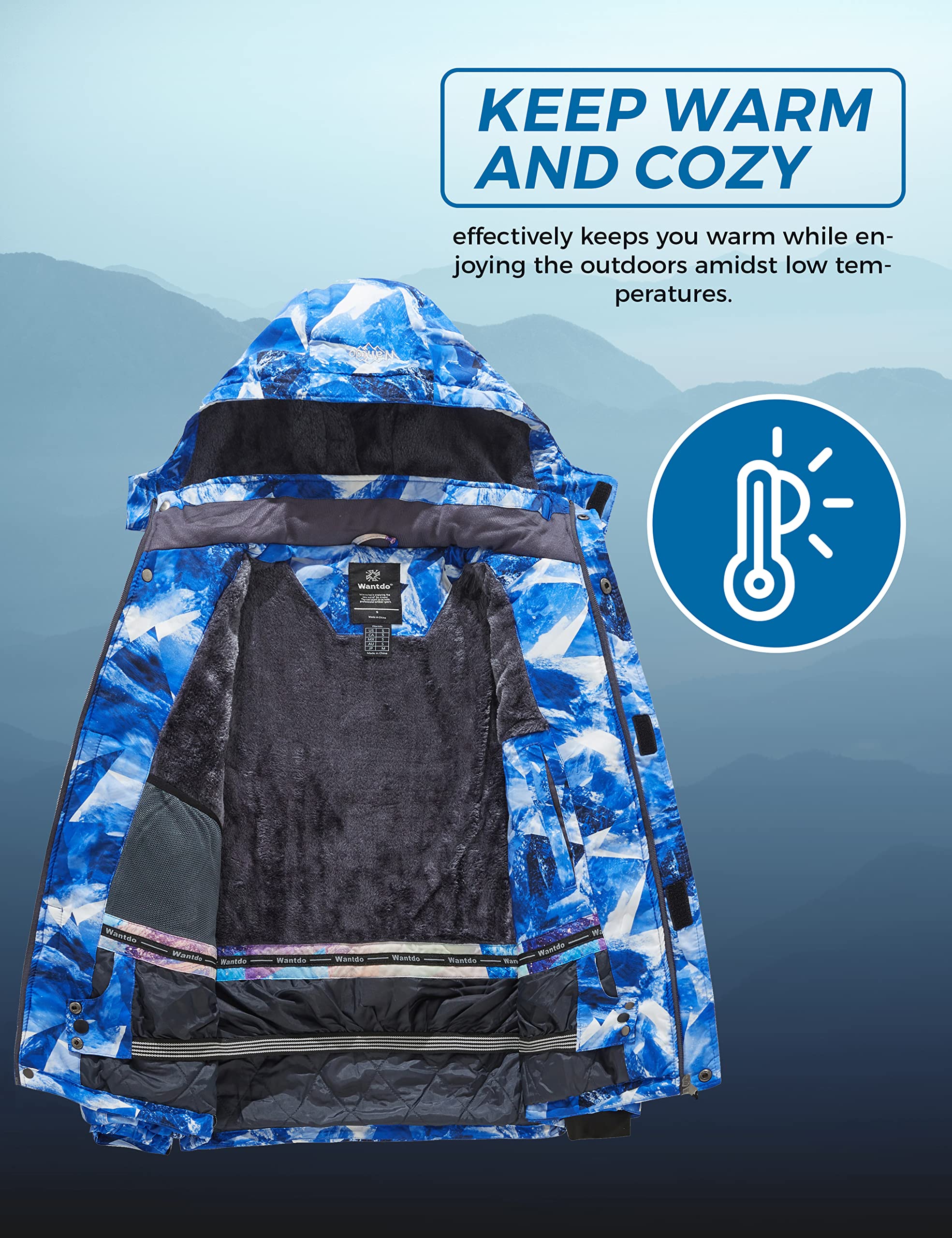 Wantdo Giacca da Sci Montagna Calda Invernale Parka da Neve Imbottita Cappotto da Snowboard in Pile Giubbotto con Cappuccio Impermeabile Uomo