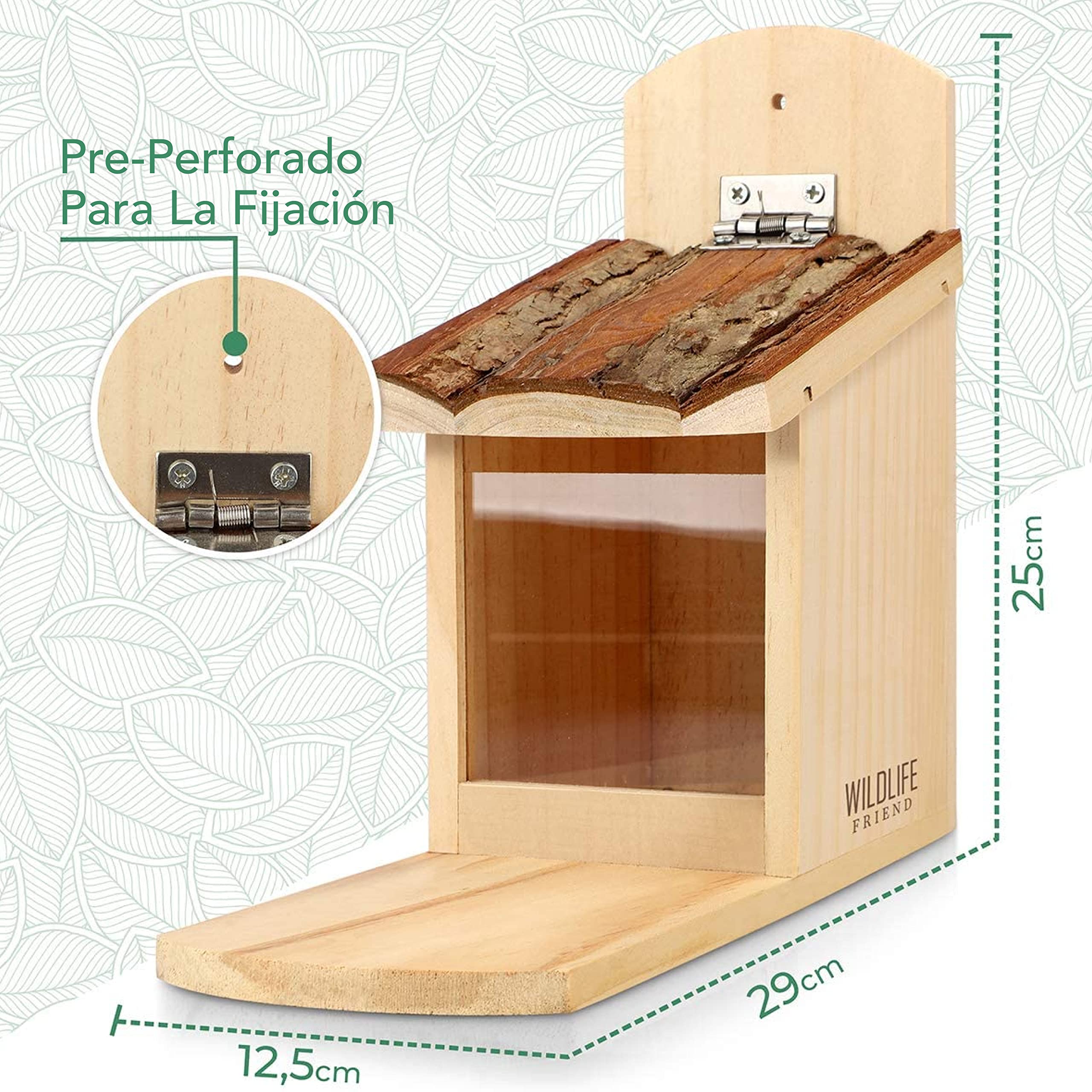 WILDLIFE FRIEND I Comedero para Ardillas - de Madera de Pino con Techo de Corteza - Estación de Alimentación, Alimentador de Ardilla