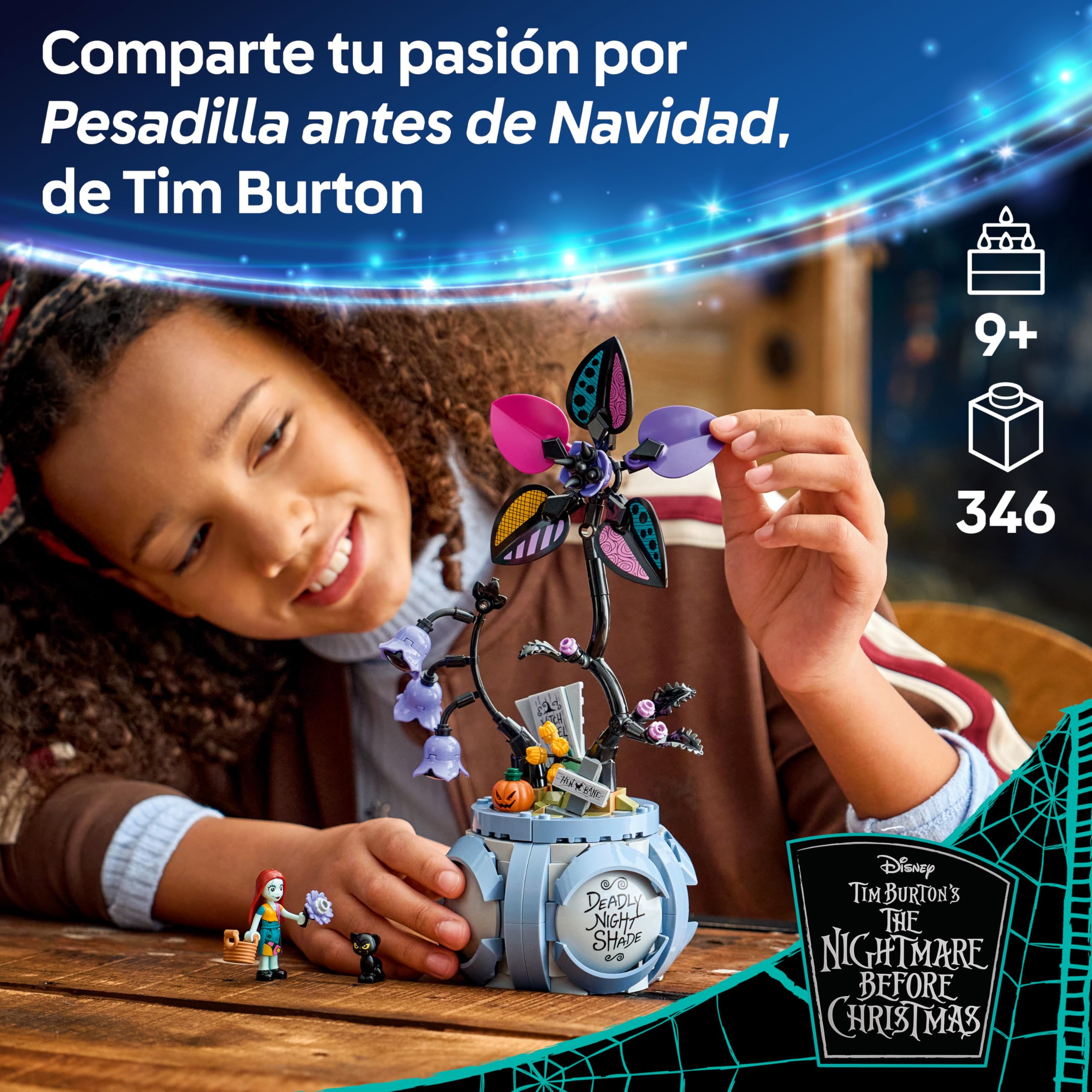 LEGO | Disney Maceta de Sally - Decoración del Dormitorio con 2 Flores Artificiales, Mini Muñeca y Gato Negro de Juguete - Regalo para Niñas de 9+ Años y Fans de Pesadilla Antes de Navidad - 43288