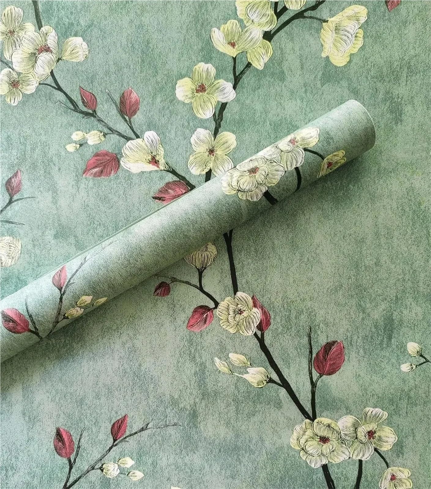 BTGYTTKL Self Adhesive Wallpaper Retro Ink Green Bloom Vinyl Peel and Stick Waterproof Removable Furnishing Table Surface Wrap(Green)
