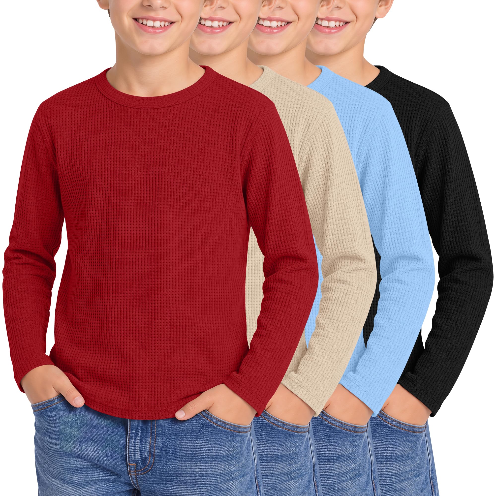 4 Pack Boys Long Sleeve Waffle Knit Thermal Shirts