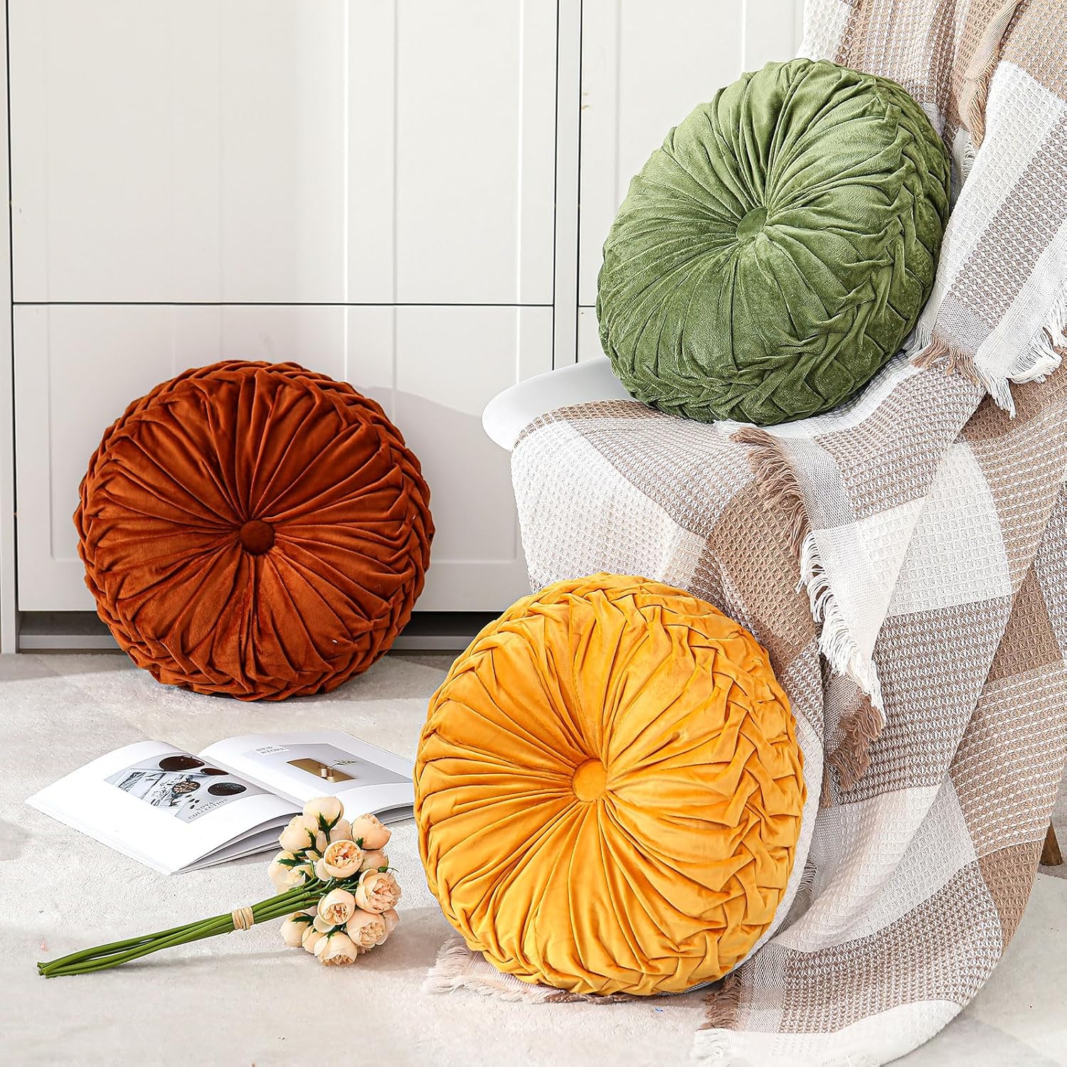 2 Pcs Round Throw Pillows Decorative Velvet Pleated Throw Pillows 15'' Diameter Accent Pumpkin Boho Chair Cushion for Couch Sofa Chair Bed Home Decoration (Olive) - Image 6