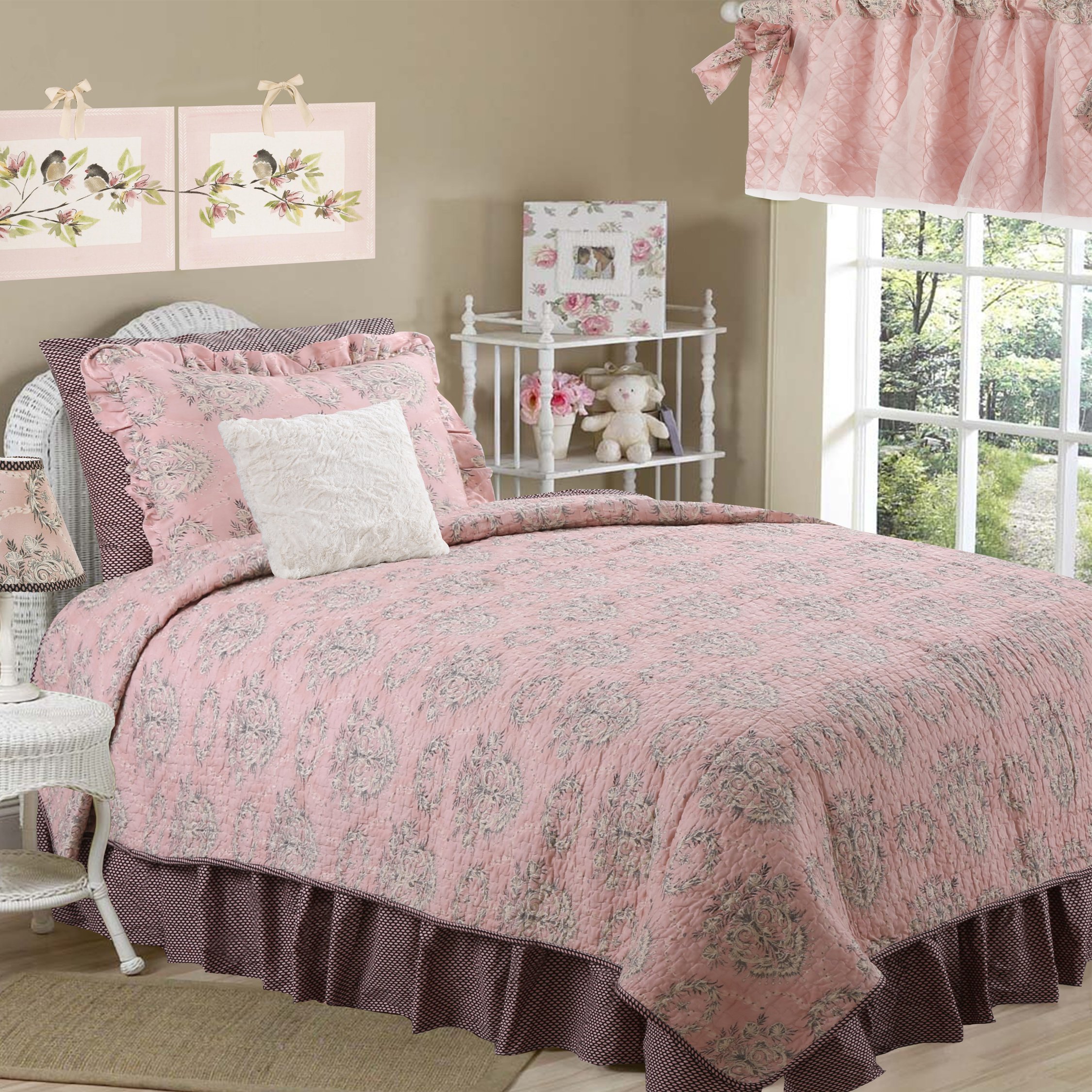 Cotton Tale Designs 100% Cotton Nightingale Pink, Charcoal Gray/Grey Floral & Polka Dots Reversible Quilt - Girl - Twin & Full/Queen (Full/Queen)