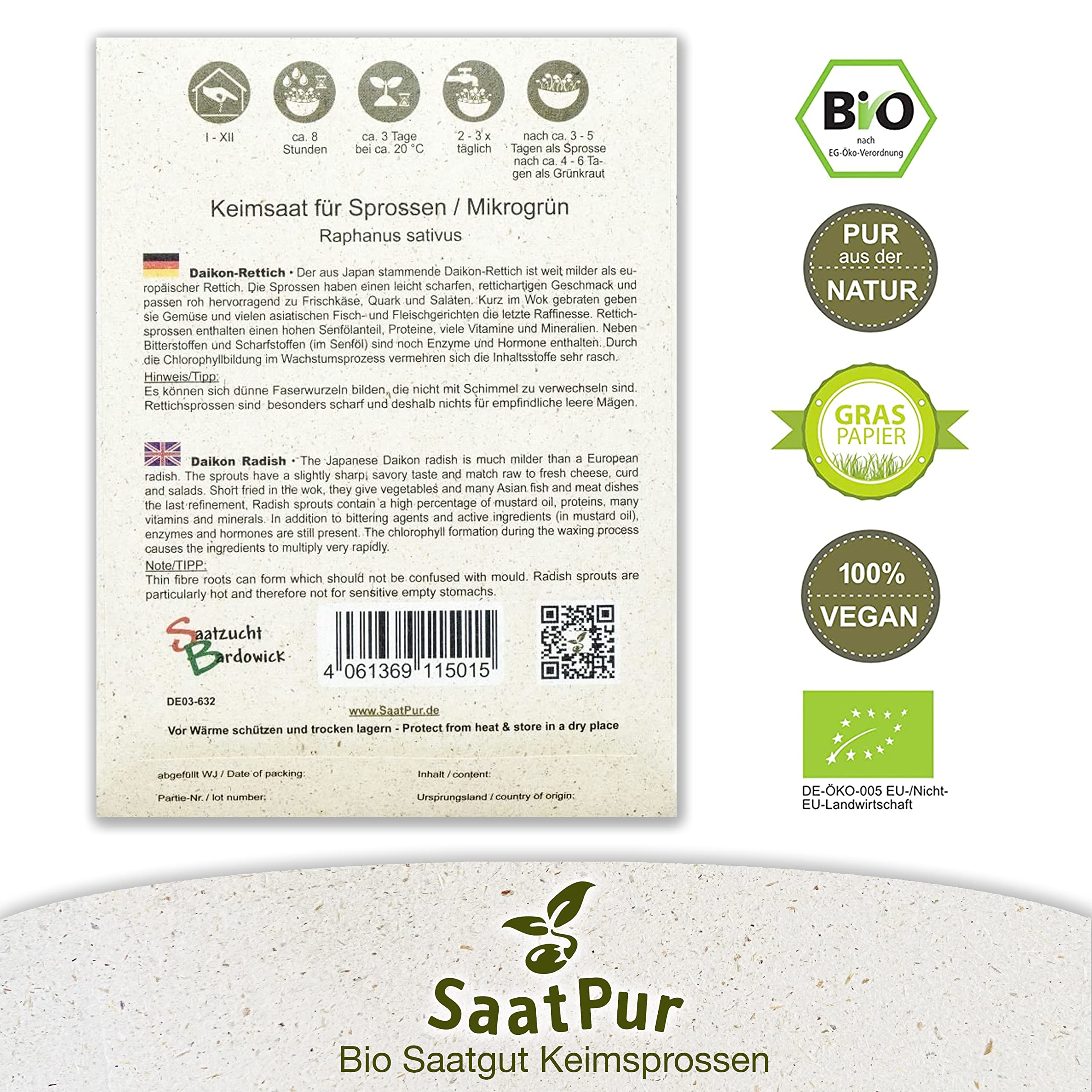 SaatPur® Saatgut Bio-Keimsprossen Daikon-Rettich 75g, hohe Keimkraft, Micro-Greens für vitaminreiche - Großes Tray mit 30 Portionstüten je 75g