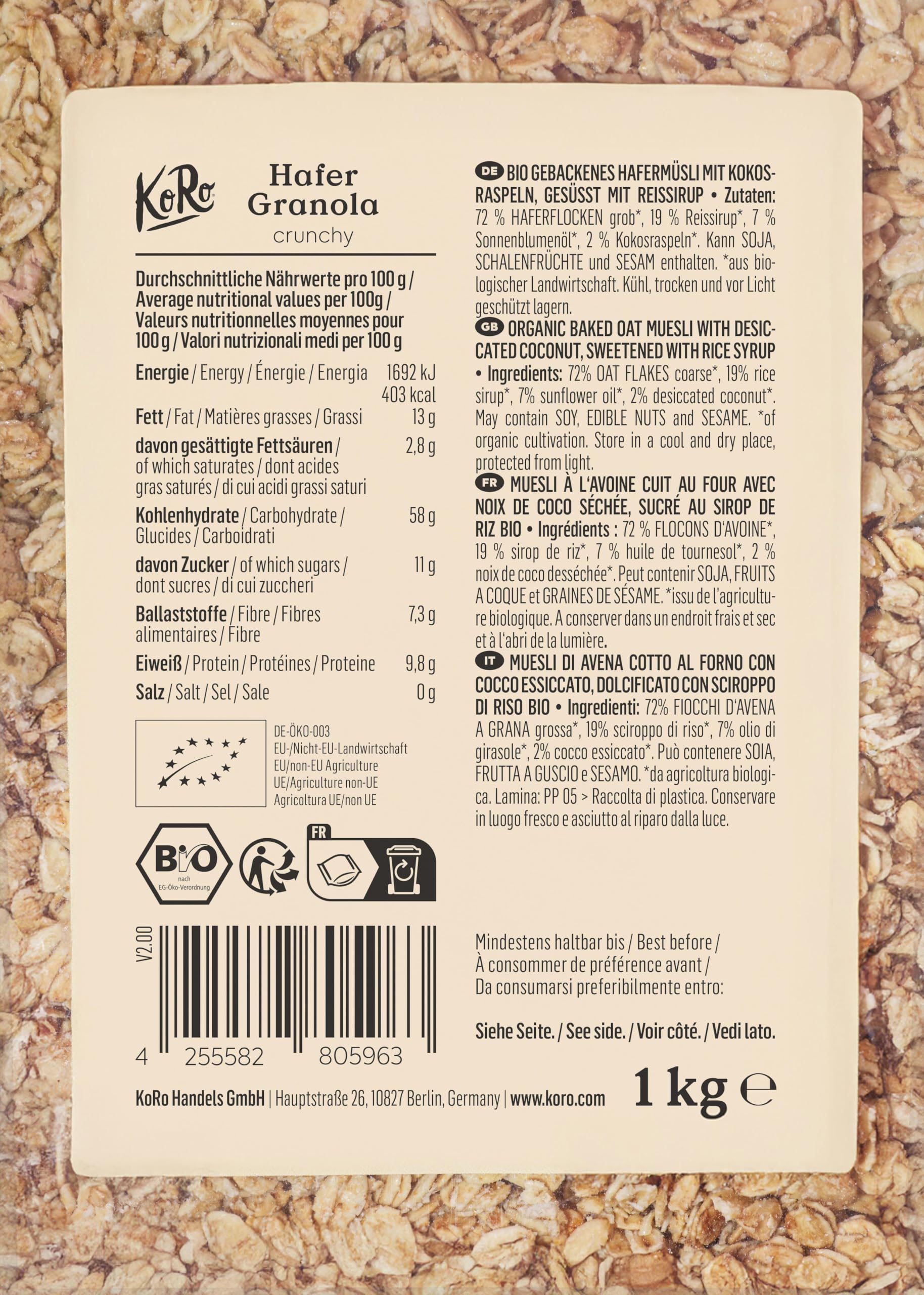 KoRo - Granola croccante di avena bio 1 kg - 100% qualità biologica - Vegan - Dolcificata con sciroppo di riso. - 5