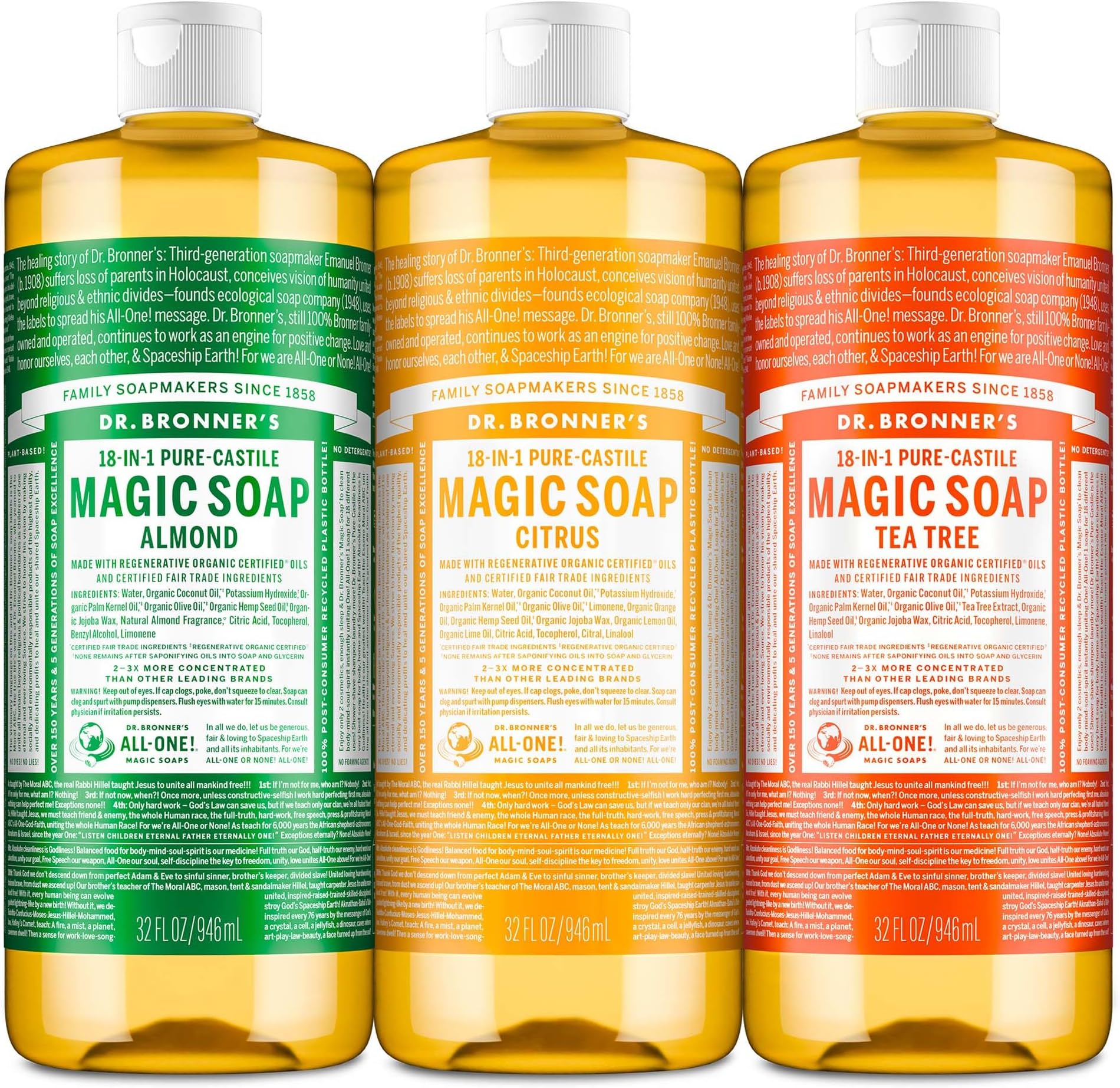 Dr. Bronner's Pure-Castile Magic Liquid Soap – Made with Organic Oils 32 oz (3-Pack) Almond, Citrus, Tea Tree, Body Wash, Face, Dish, Laundry, Pet Wash, Multi-Purpose Soaps