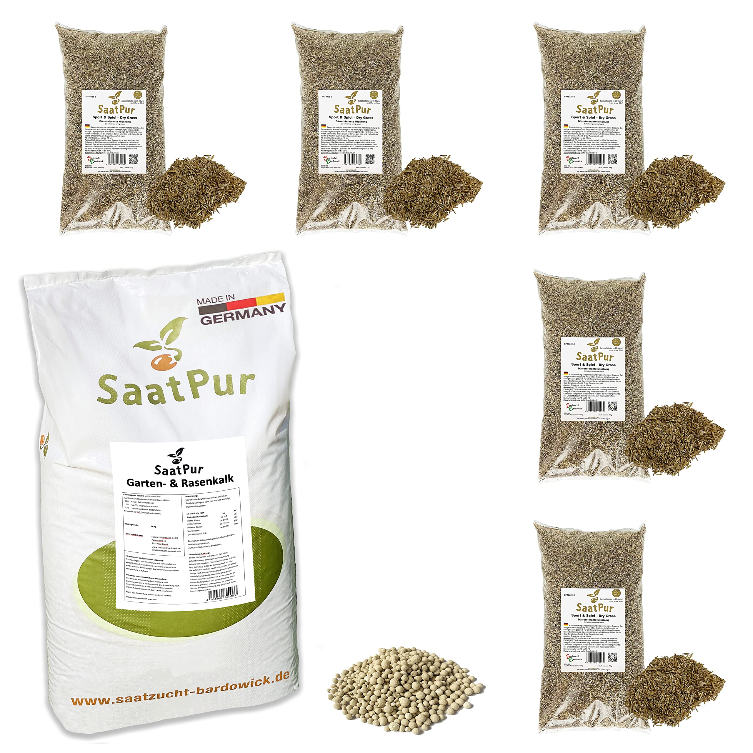 SaatPur® Set aus 20 kg Rasenkalk und 5 x 1kg Rasensamen Sport & Spiel Dürreresistent, Gartenkalk gegen Moos und saure Böden, Rasen für ca. 150 m², Mehrjähriger Gebrauchsrasen
