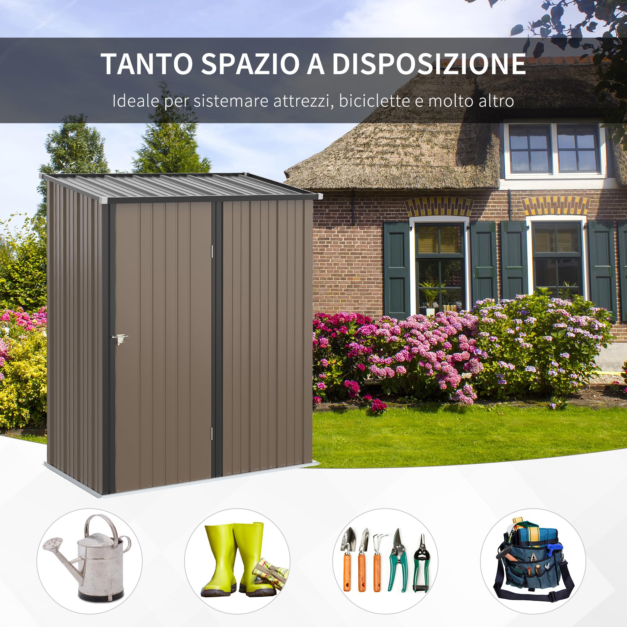 Outsunny Casetta da Giardino 1.34m² Acciaio Zincato Capanno Porta Attrezzi 161.5x94.5x196cm Marrone