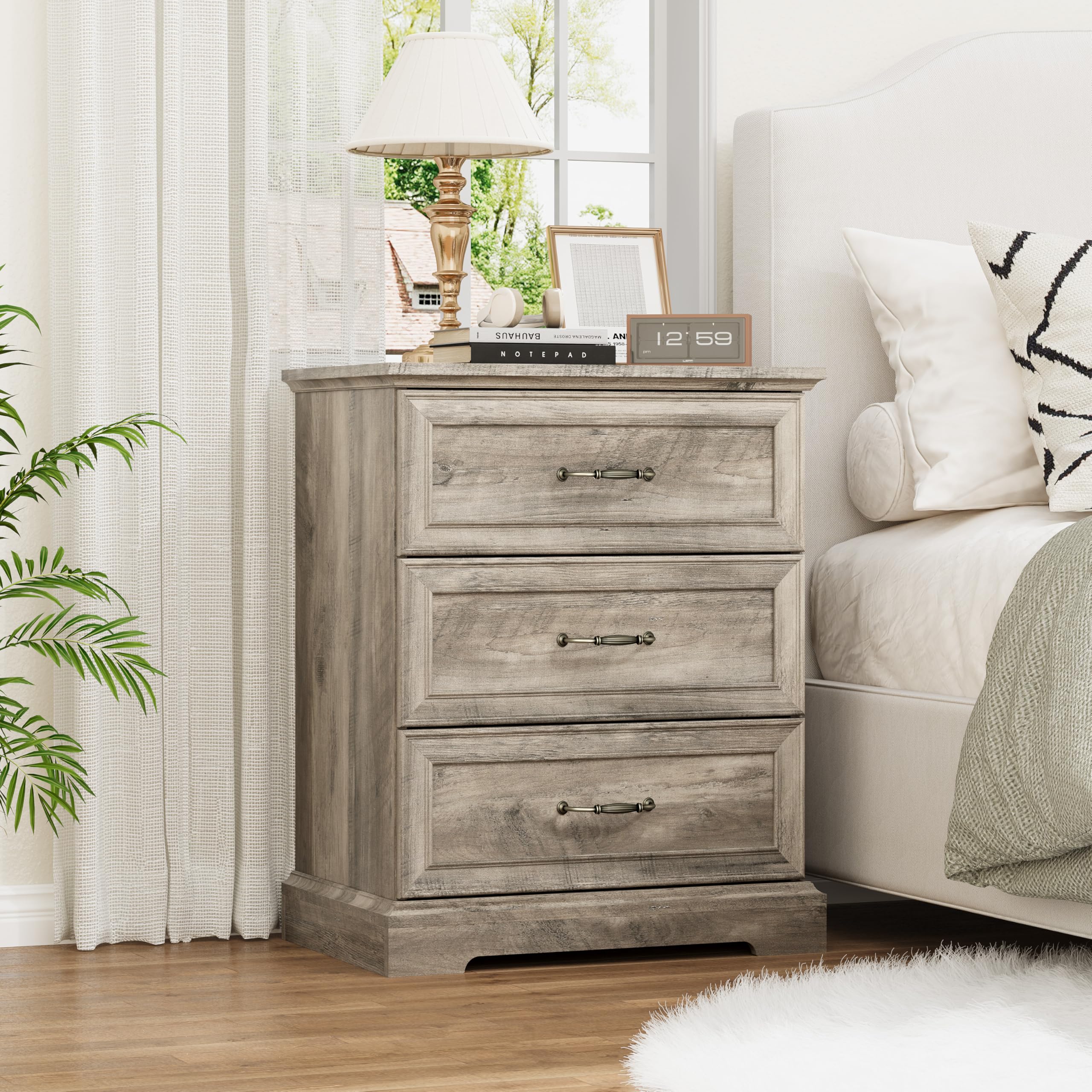 Grey Nightstand with 3 Large Drawers 24 Inch Wide Rustic Farmhouse