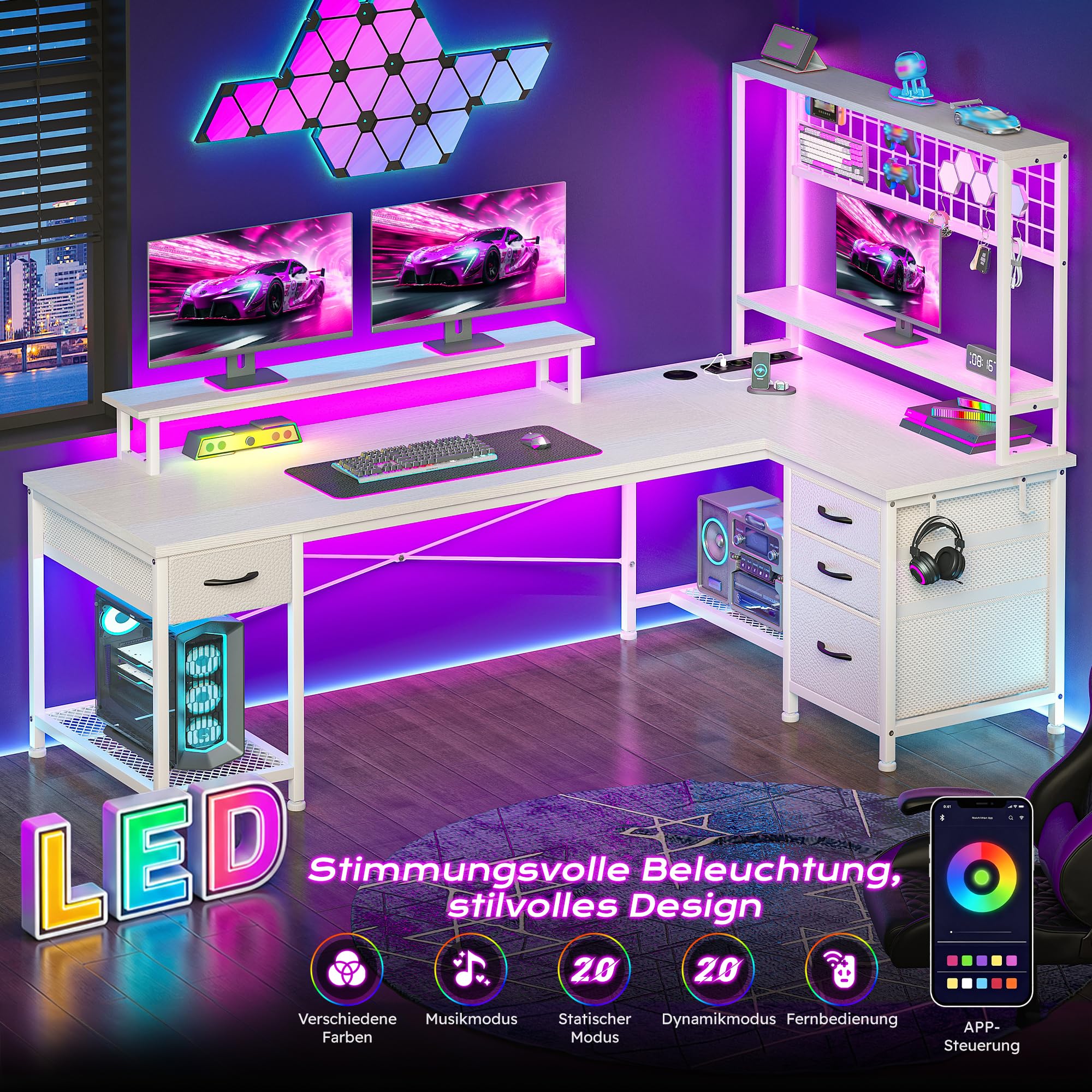 140x100 cm L Form Gaming Schreibtisch mit Bücherregal für Homeoffice