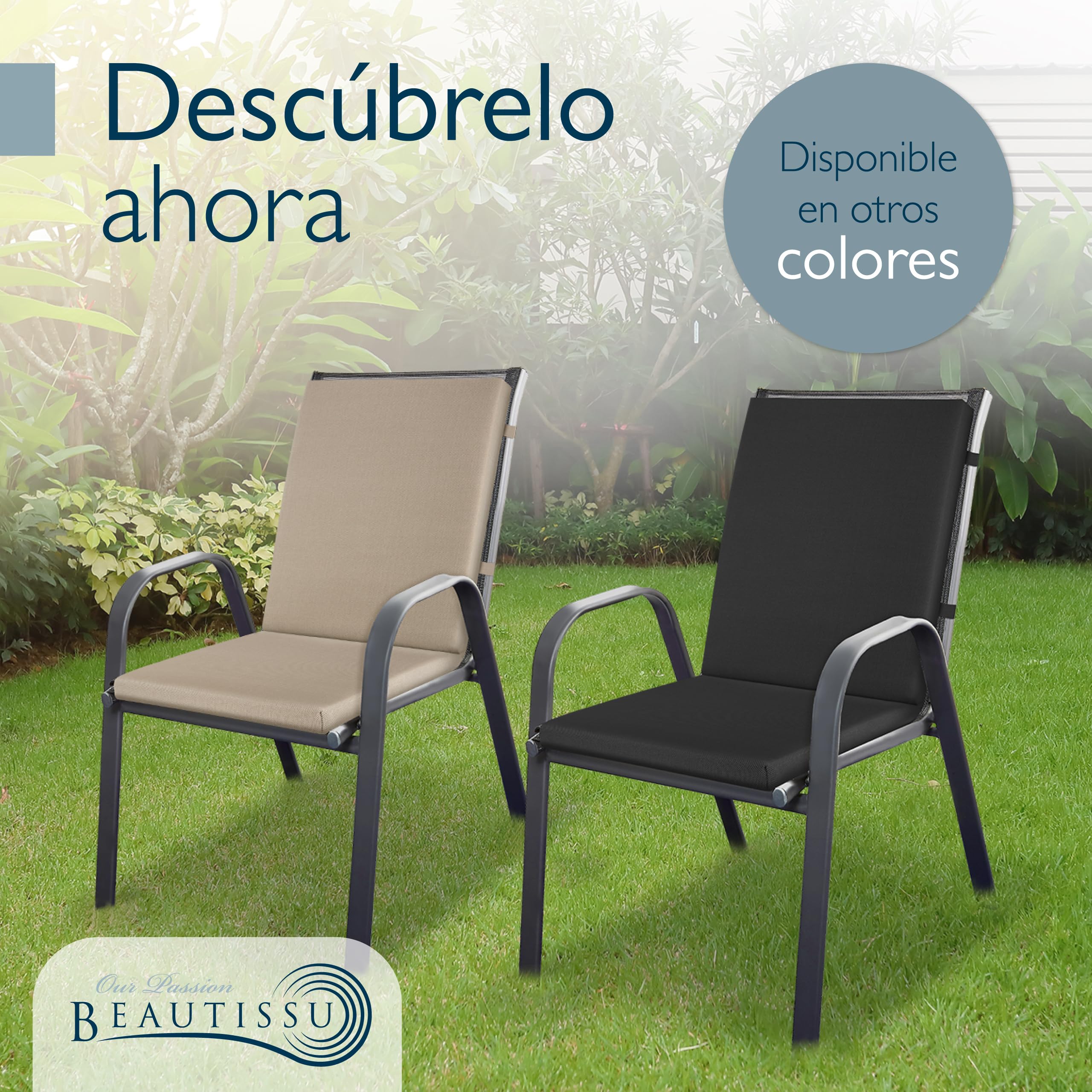 Beautissu Set de 6 Cojines Sillas Jardin con Respaldo Bajo Impermeable | 100x50cm beige 100% cómoda fácil cuidar exterior muebles acolchado secado rápido Premium Cojín Silla asiento terraza QD-NL