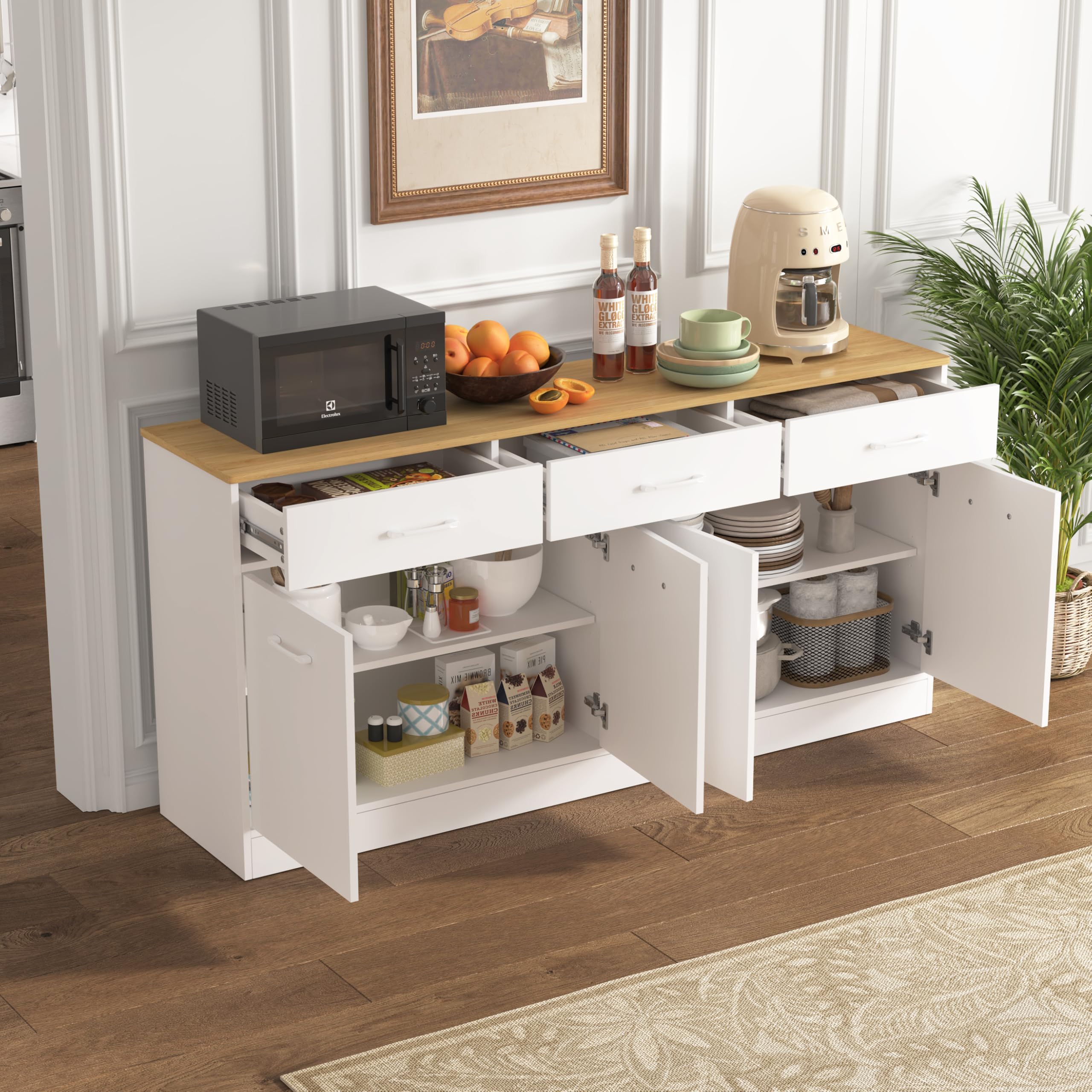 Küchenschrank Sideboard 160 cm mit 3 Schubladen und verstellbaren Einlegeböden, Kücheninsel mit Arbeitsplatte in Holzoptik, Vorratsschrank für Küche, Esszimmer und Wohnzimmer, Weiß