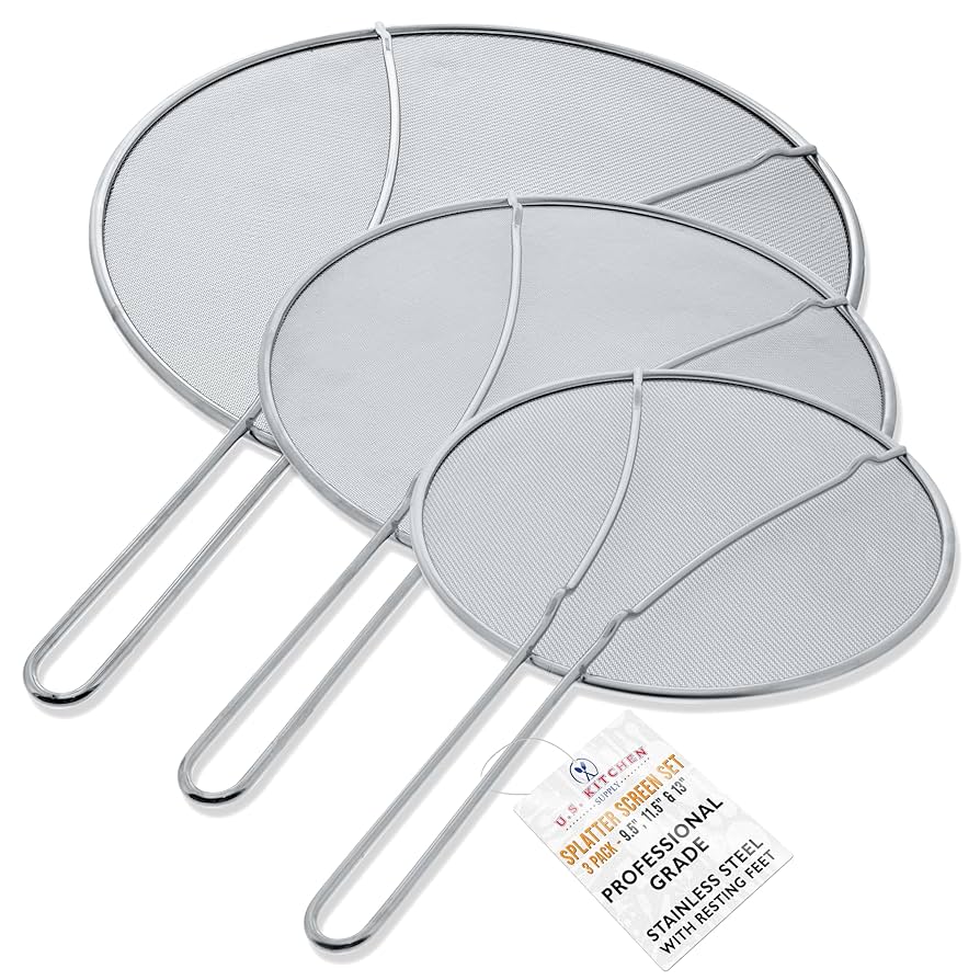 U.S. Kitchen Supply Set of 3 Stainless Steel Splatter Screen - 13", 11.5" & 9.5" Sizes - Fine Mesh Splatter Screen with Resting Feet Set, Grease Guard for Kitchen Pots and Pans