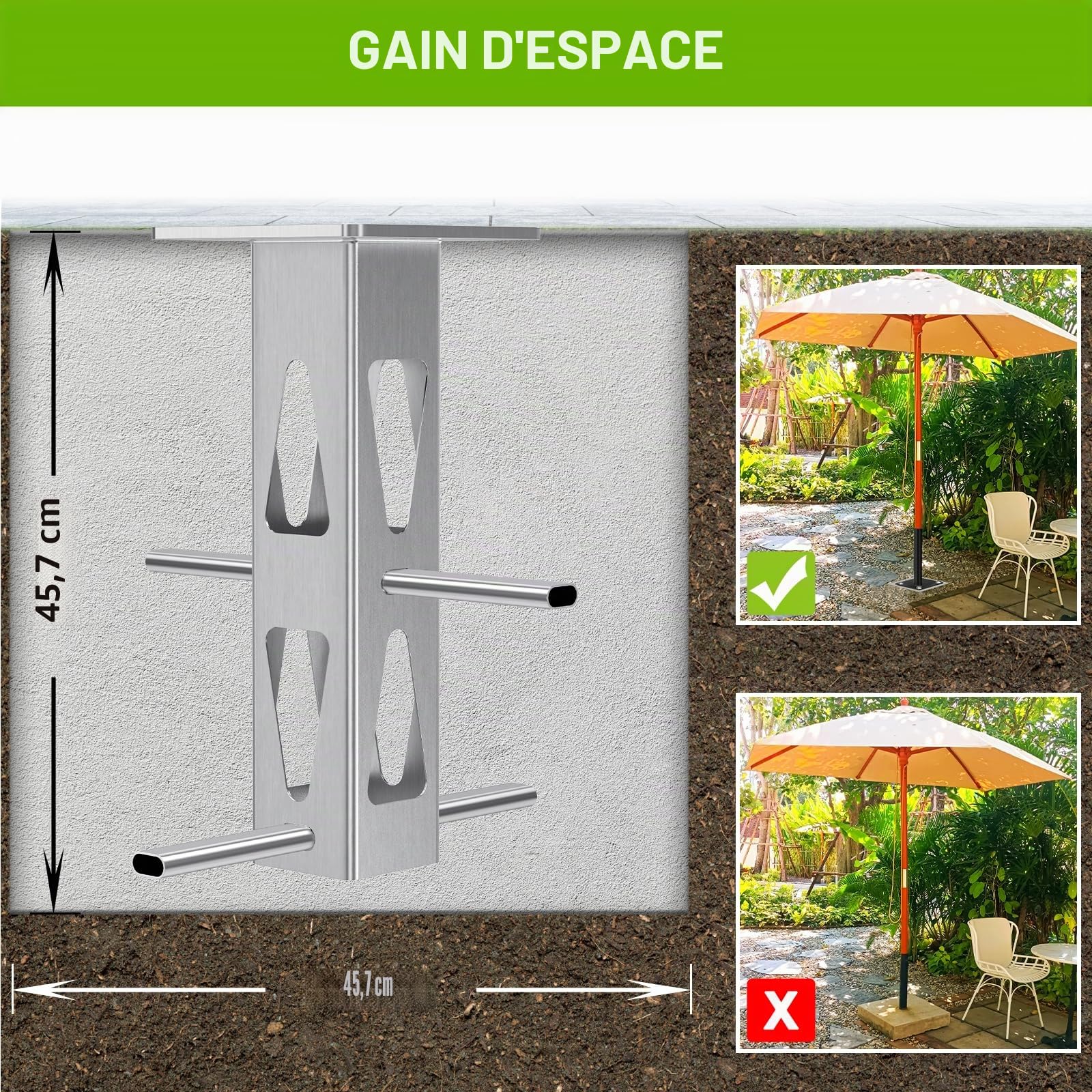 Dolibest Enterré Base de Parasol de Terrasse, Support Parasol Balcon Ancrage Universel pour Parasol Plaque de Fixation au Sol pour Poteau Cantilever Déporté avec 2Tubes pour Cour ou Balcon