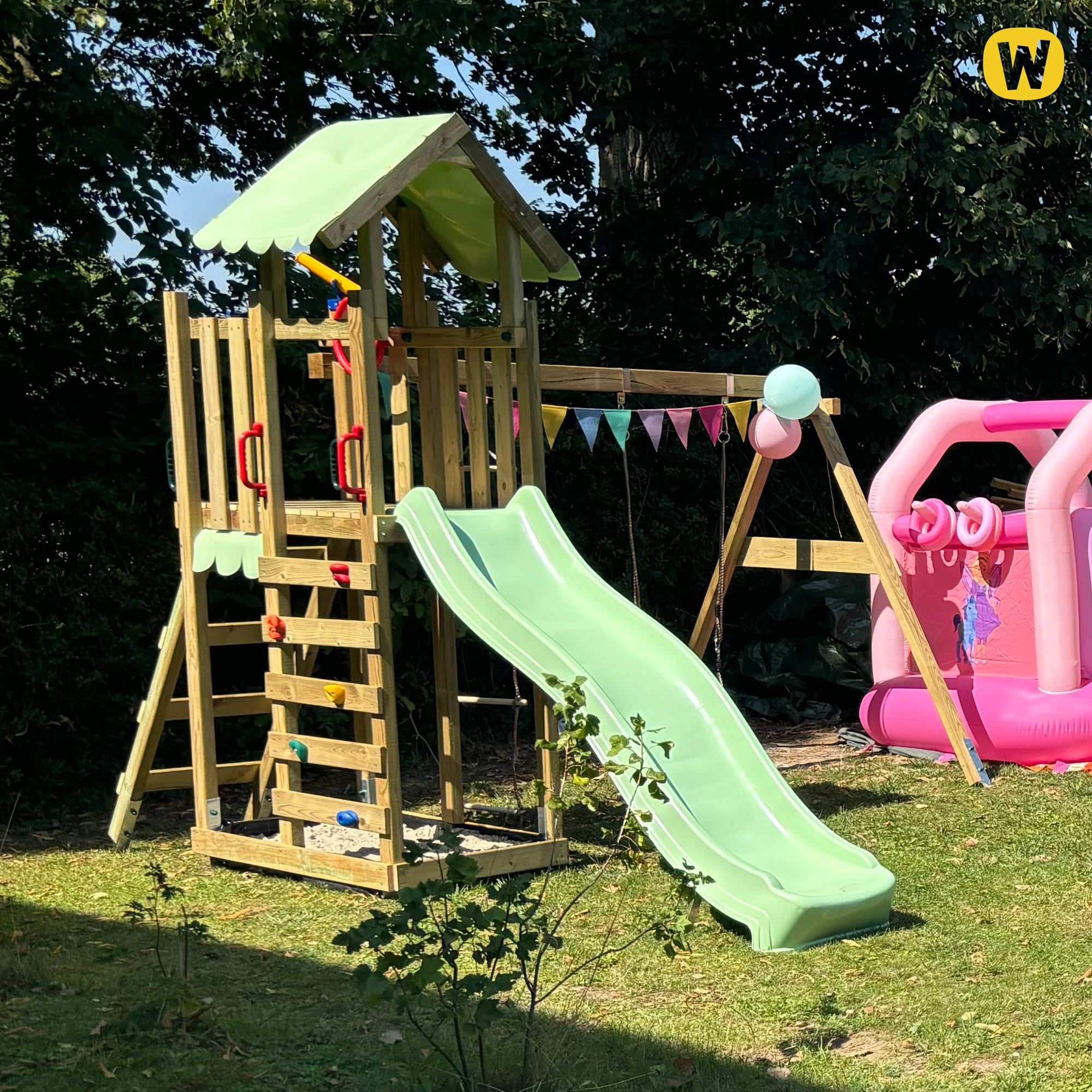 Wickey Spielturm Klettergerüst MultiFlyer Light, Schaukel & Blauer Rutsche, Outdoor Kinder Kletterturm mit Sandkasten, Leiter & Spiel-Zubehör für den Garten