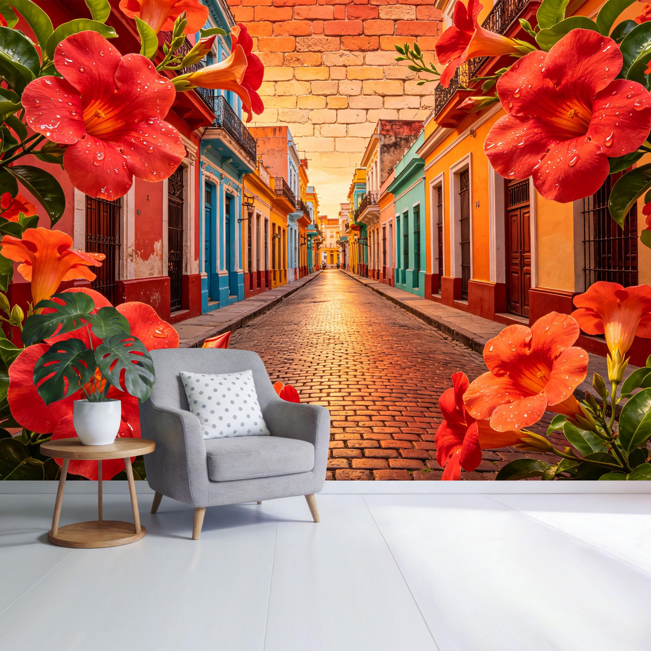 Custom Size Wall Mural Vibrant Colonial Street Sunset with Red Tropical Flowers Landscape SelfAdhesive Wall Fabric Removable Wallpaper for Home Office Decor