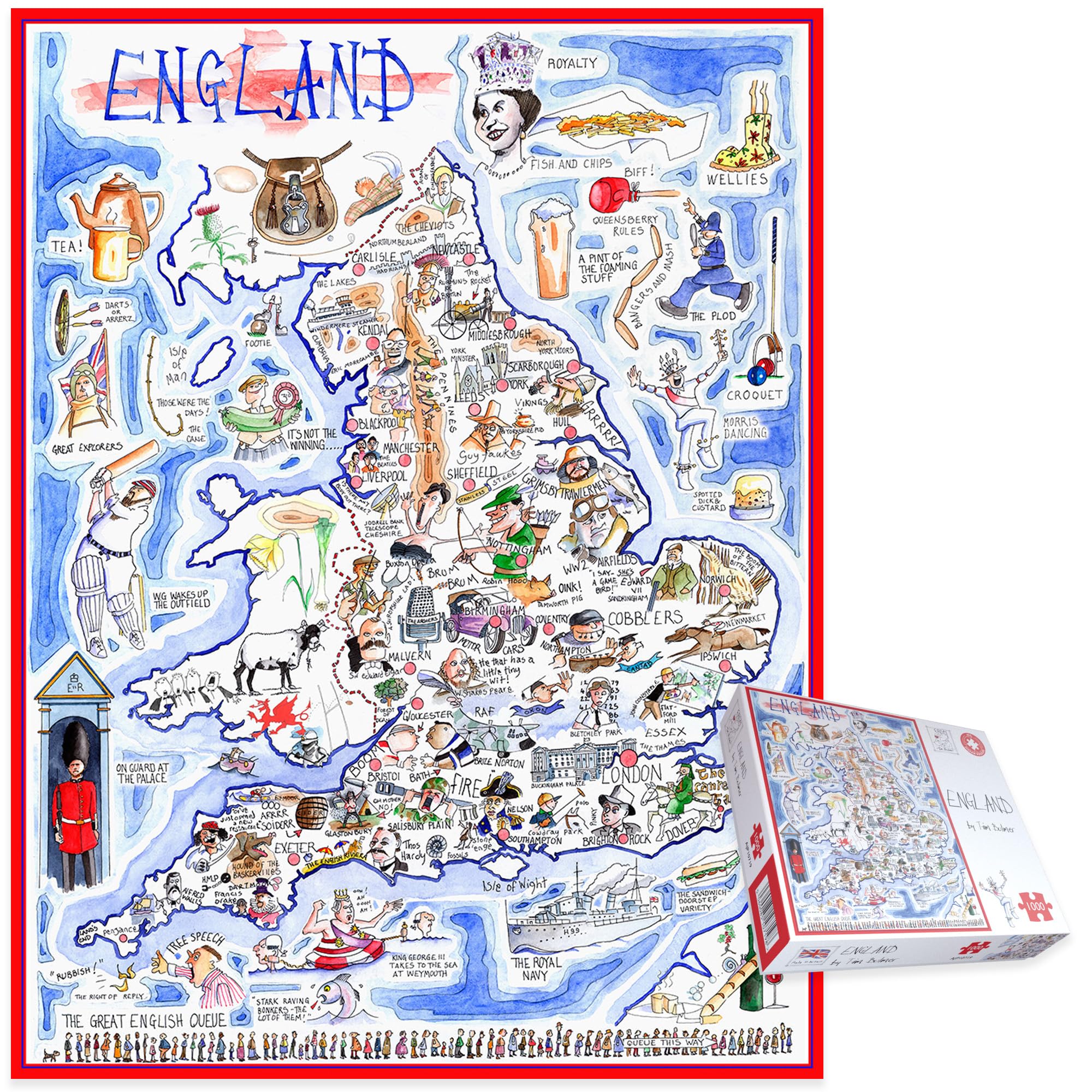 Puzzle 1000 pièces – Carte Comique de l'Angleterre par Tim Bulmer – Puzzles comiques de 1000 pièces pour Adultes Puzzle coloré 66 cm x 50 cm Puzzles Amusants