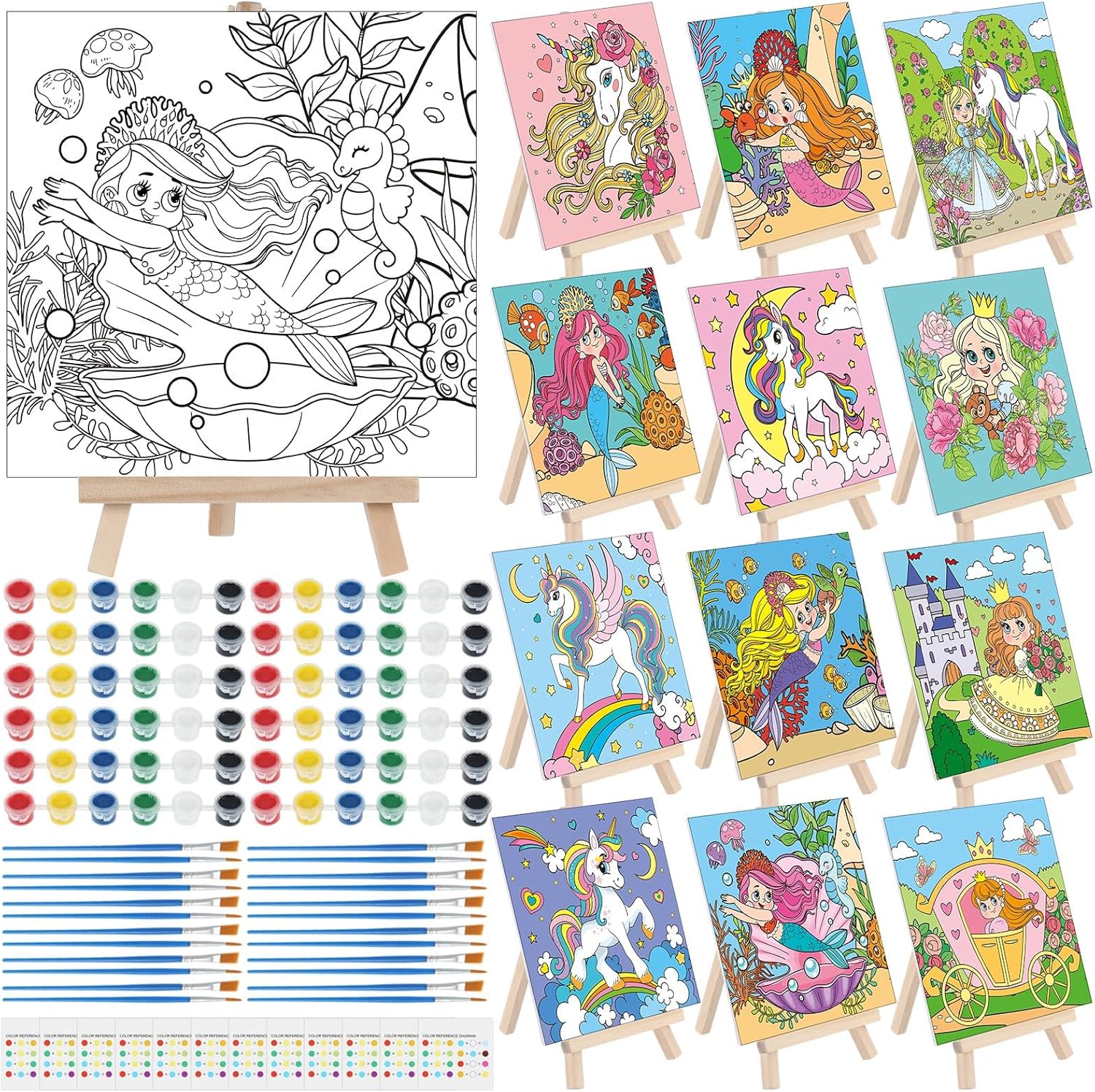 Tenceur 12 Sets Pre Drawn Canvas to Paint Adult Stretched Coloring Painting Canvas Panels with Design Easel and Brushes for Party Supplies Beginner Favor(Unicorn)