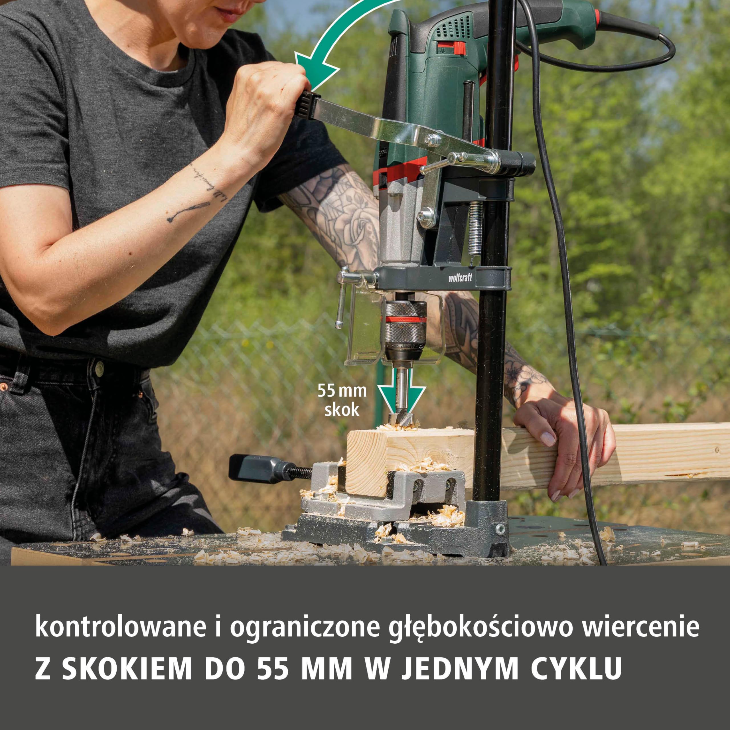 wolfcraft Stojak wiertarski SOLID – kompaktowe rozwiązanie do wiercenia o ograniczonej głębokości – wysięg 112 mm i skok 55 mm – 5028000