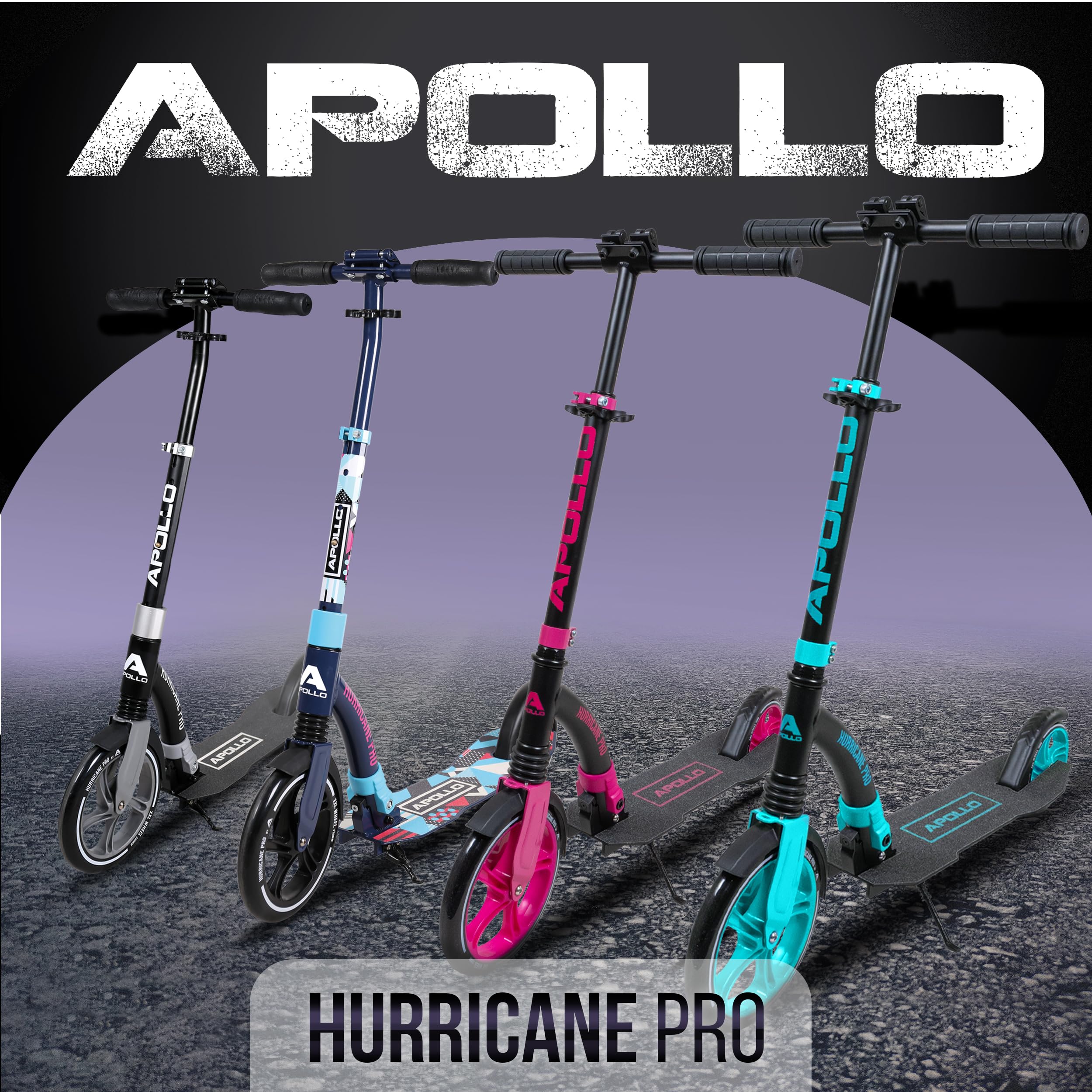 Apollo Scooter - Hurricane City Scooter, 230 mm Giant XXL Wheel con suspensión, City Roller Plegable y Ajustable en Altura, Kick Scooter para Adultos y niños