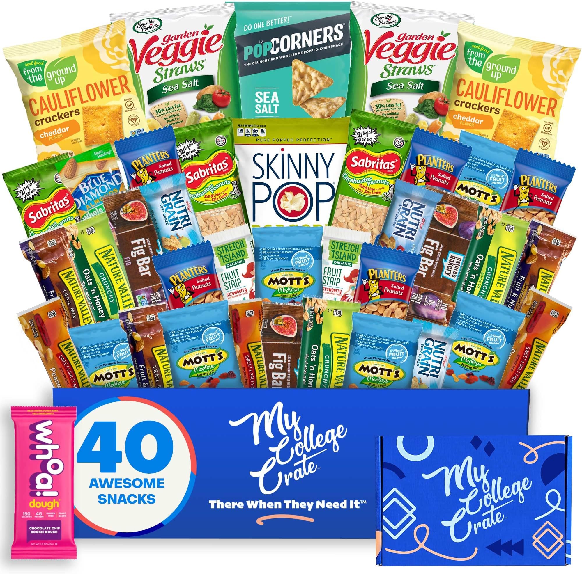 My โCollegeโ Crate - 40 Piece Healthy โCare Package - Snack Box Variety Pack for Adults - Bulk Food Box โwithโ Veggie Straws, Skinny Pop, Granola Bars, Nuts, Fruit Bars โandโ Fig Bars