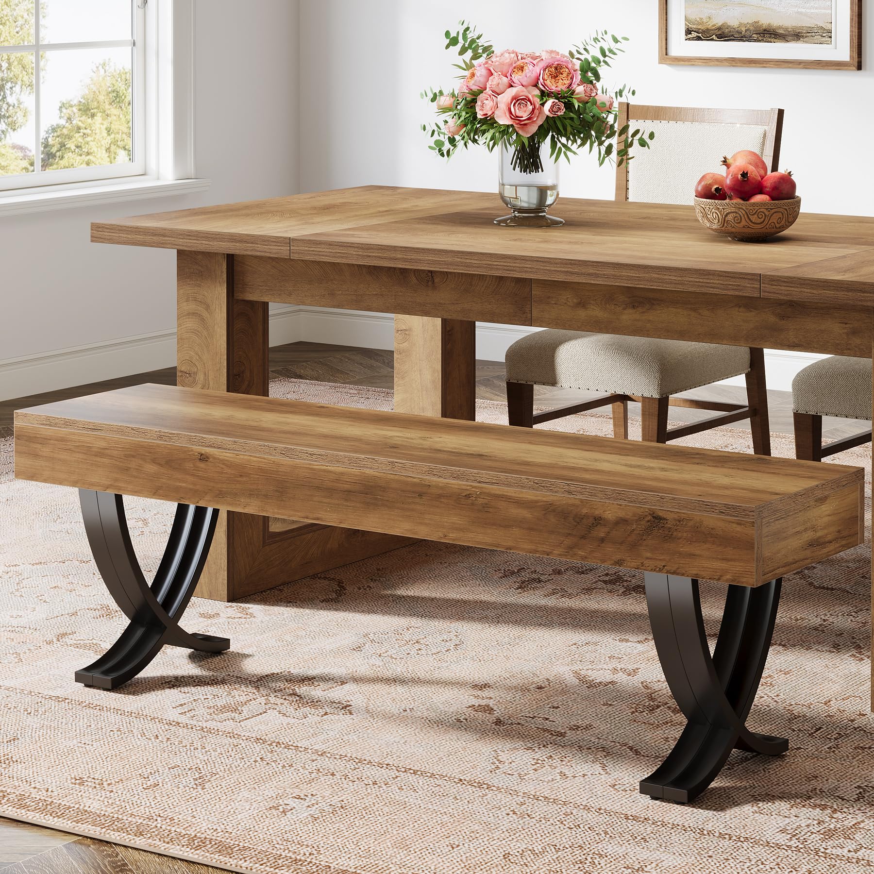 Tribesigns 55 Inches Farmhouse Dining Bench, Wooden Kitchen Table Seat with Metal X-Shaped Legs, Long Home Indoor Bench for Dining Room, Bedroom, Entryway, Mudroom (1)
