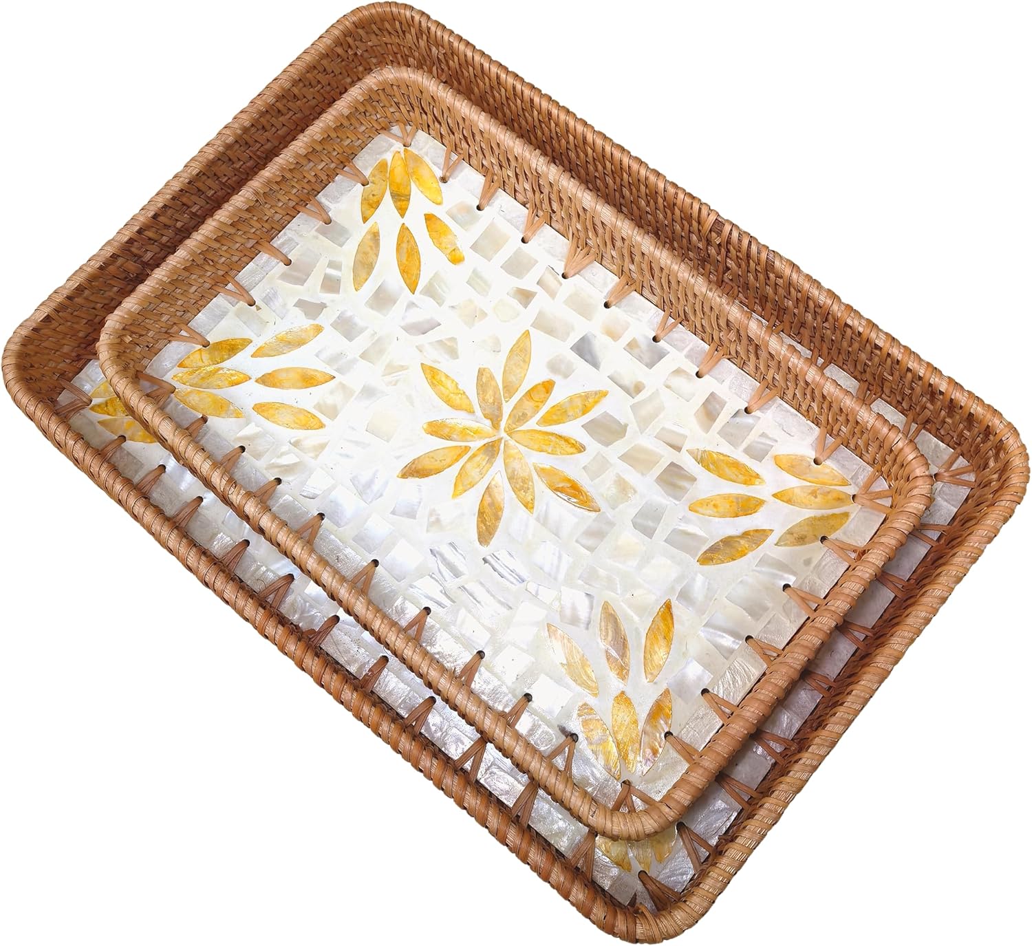 i-lan Set of 2 Rectangle Serving Trays with Mother of Pearl, 13" & 11.5" Woven Rattan Platters for Dining Entertainment, Centerpiece Displays, and Home Decor Accents