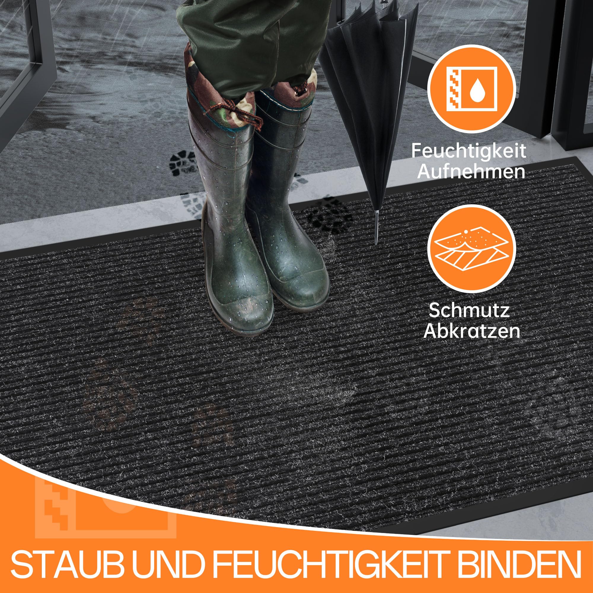 Fussmatte für Haustür innen und außen, 90 x 120 cm Schmutzfangmatte für Eingangsbereiche, rutschfeste Rückseite, super saugfähig Türmatte, Fußmatte für Haus, Büro und Eingänge, Schwarz