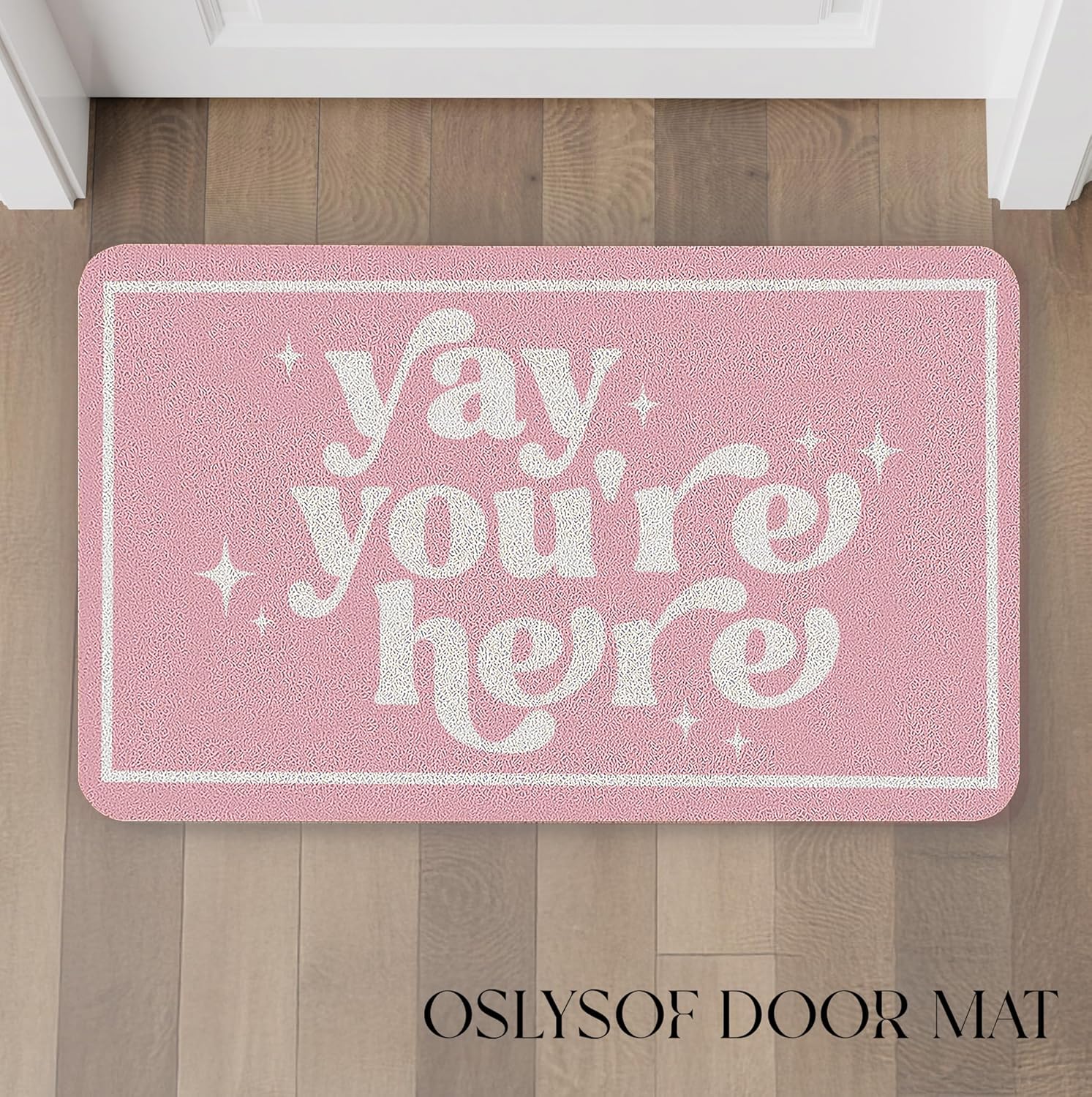Funny Pink Door Mat, Yay You're Here Doormat for Front Door Indoor Outdoor Porch Entrance Entryway, Funny Welcome Mat Outside, 17x30 Inches