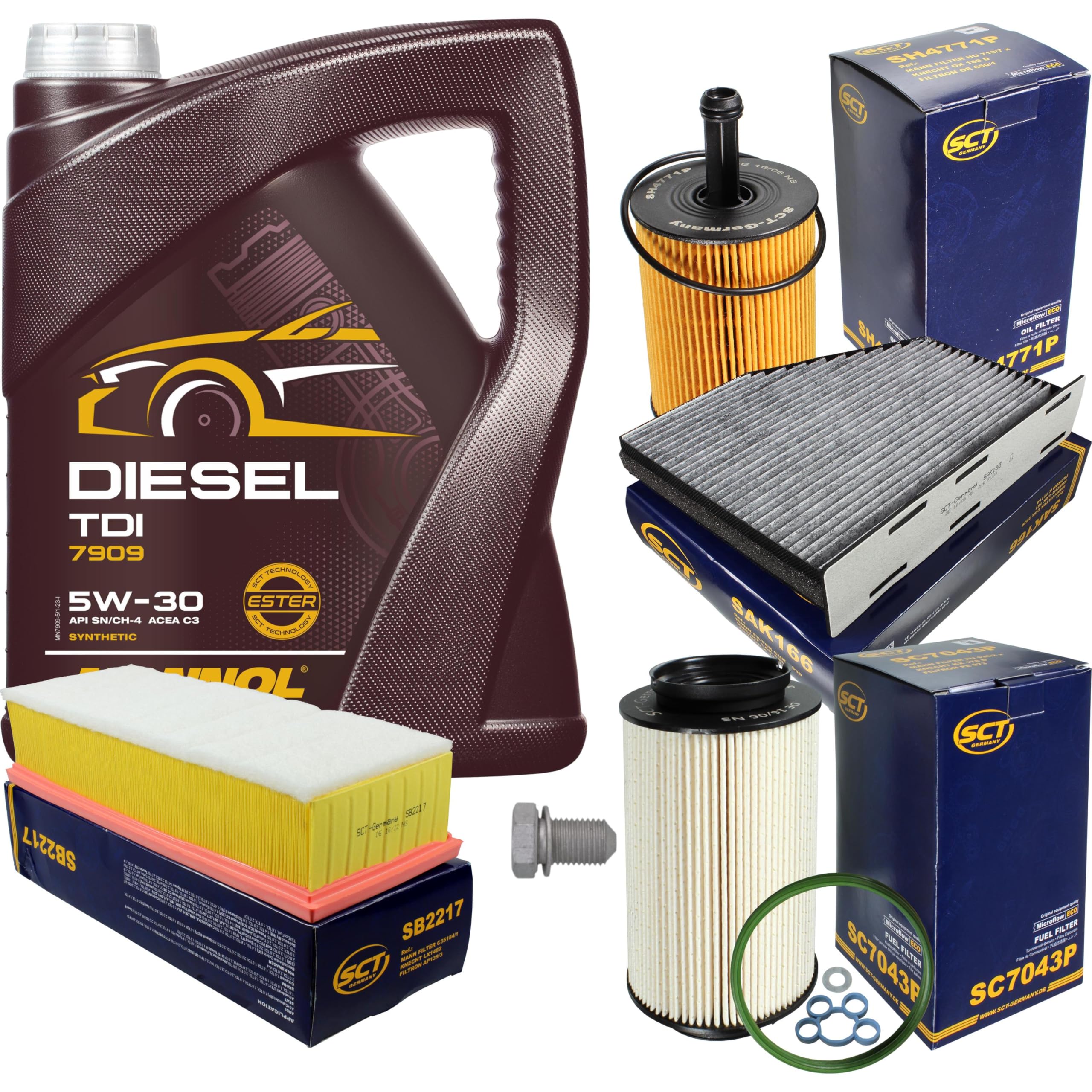 Inspektionspaket Wartungspaket Filterset mit 5 L Motoröl Diesel TDI 5W-30, Ölfilter, Luftfilter, Kraftstofffilter, Innenraumfilter (Aktivkohle), Verschlussschraube