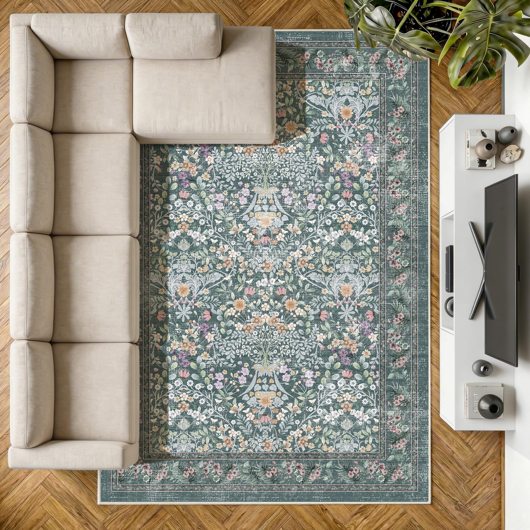 Decoranddecor Floral Rugs For Bedroom, 200x290cm – Washable, Low Pile, Pet Friendly, Modern Contemporary Design Living Room Easy Clean Durable Carpet – Zafira