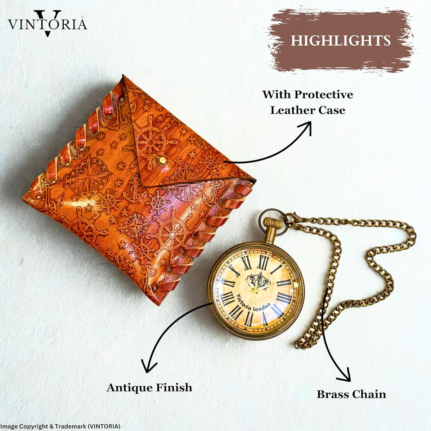 Brass Victorian Pocket Watch with Genuine Leather Case – Custom Engraved Vintage Style Clock– Personalized Gift for Men, Women, Collectors (Victorian, Antique, Brass)