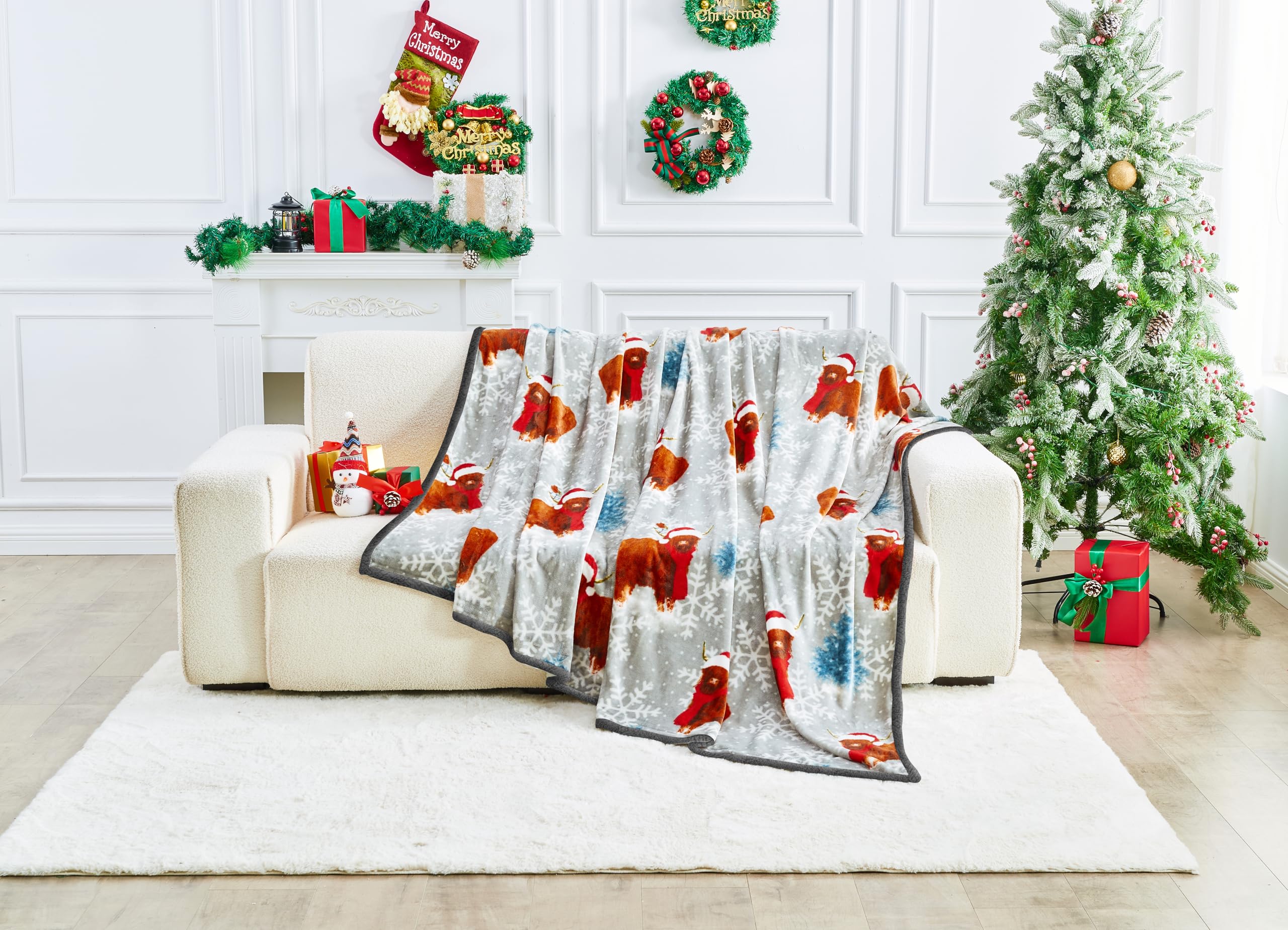 Winter Highland Cow Christmas Sherpa Flannel Blanket Throw 150cm x 230cm