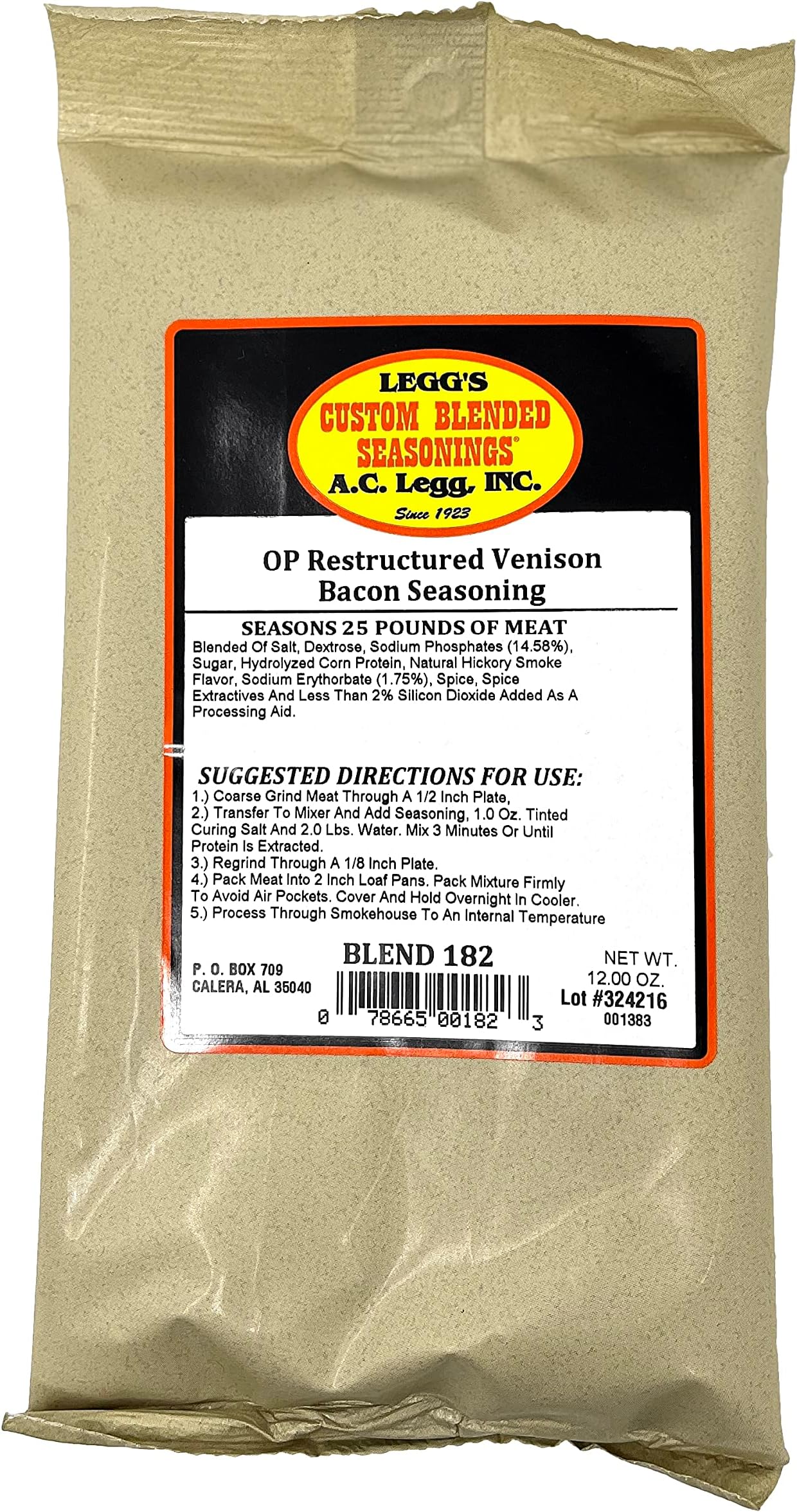 A.C. Legg - Restructured Venison Bacon Seasoning with Cure, 12 Ounce - For Up To 25 Pounds Of Meat