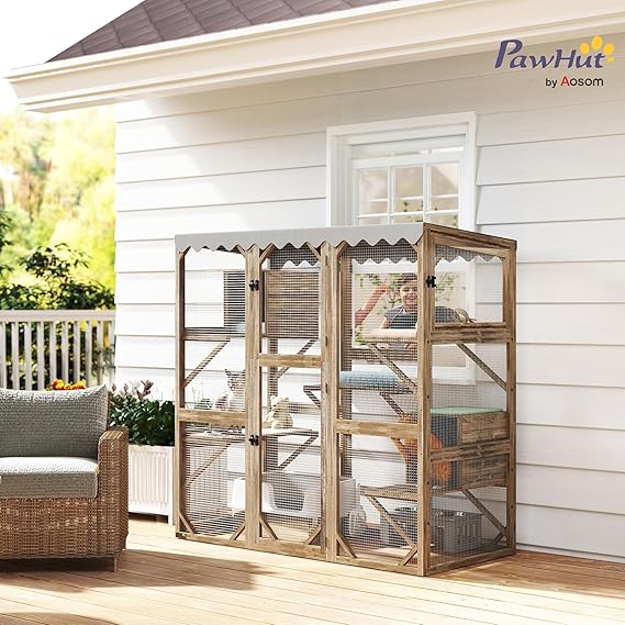 PawHut Catio Outdoor Cat Enclosure, Wooden Cat House with Window Access, 5 Platforms and 2 Resting Box, Waterproof Roof, Kitty Cage for Multiple Kittens, 59 H, Brown