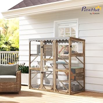 PawHut Catio Outdoor Cat Enclosure, Wooden Cat House with Window Access, 5 Platforms and 2 Resting Box, Waterproof Roof, Kitty Cage for Multiple Kittens, 59 H, Brown