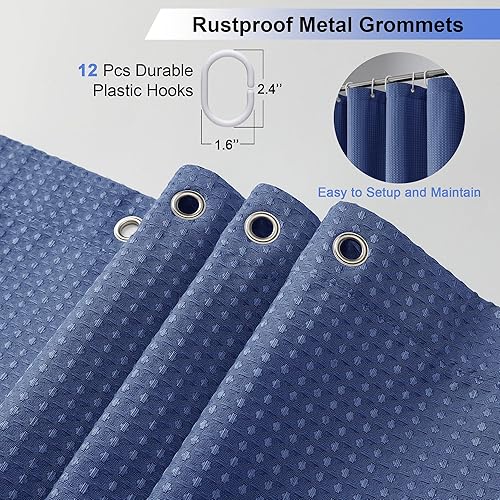 Miniatura 4 de OVZME Juego de cortina de ducha azul, cortina de ducha de tela de alta resistencia con textura de gofre para baño, cortina de baño de hotel de lujo