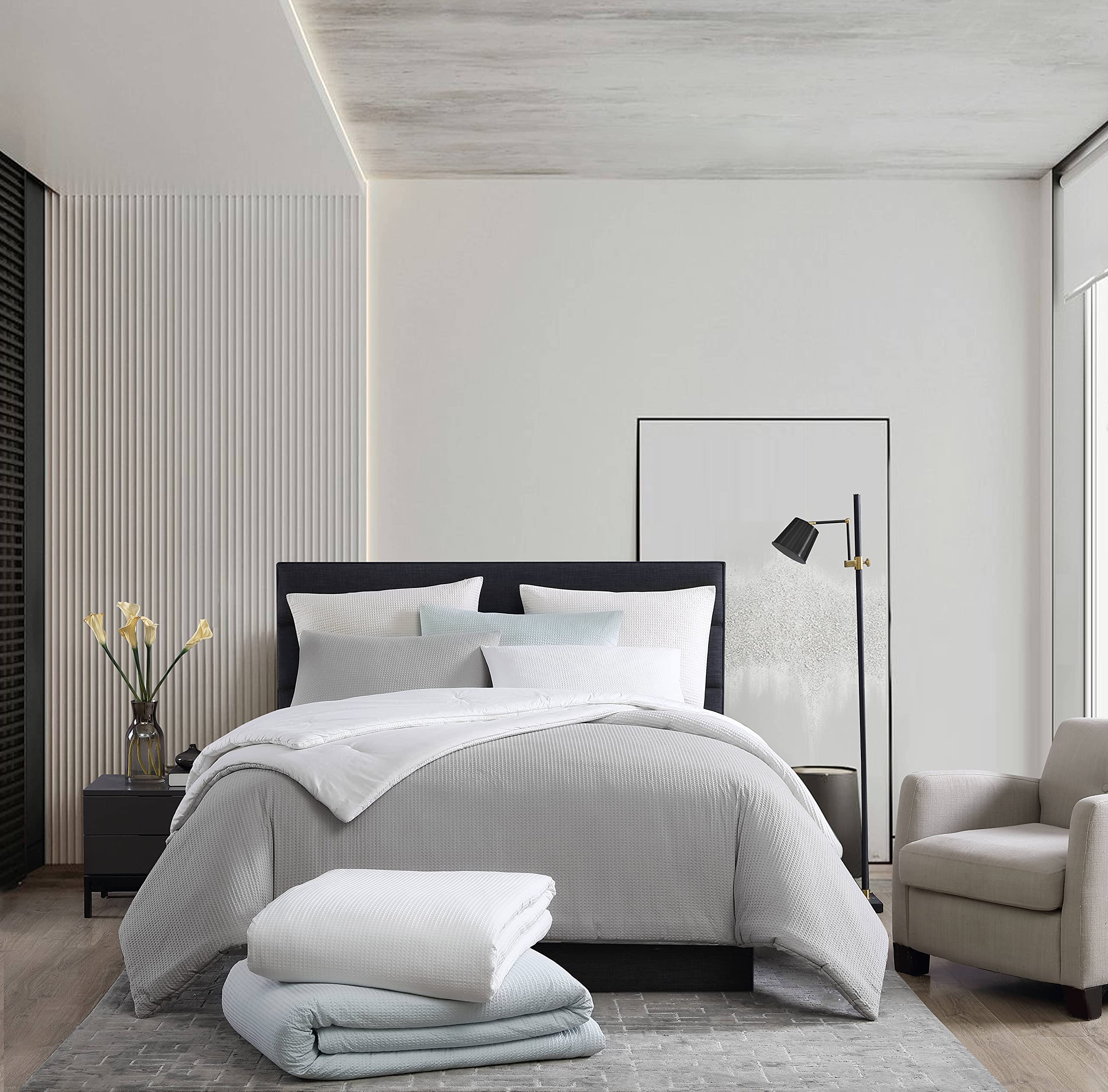 Vera Wang - Juego de Funda de edredón King, Ropa de Cama de algodón de Lujo con Cierre de botón, Incluye Fundas a Juego (Blanco piqué gofre, King)