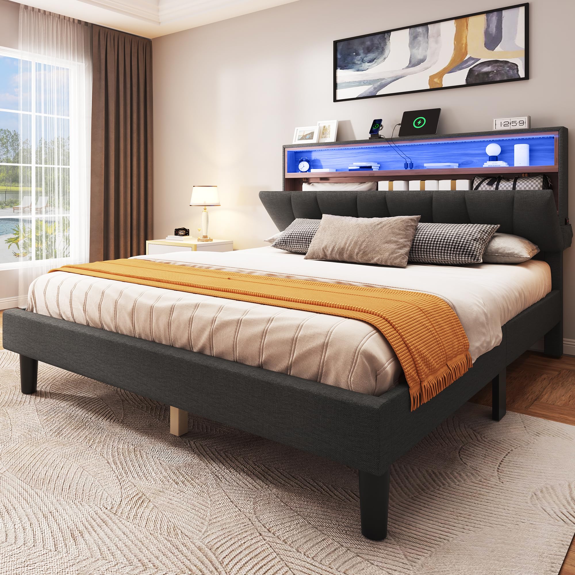 YITAHOME Queen Size Bed Frame, LED Bed Frame with Storage Bookcase Headboard, Upholstered Platform Bed with Charging Station, No Box Spring Needed, Easy Assembly, Grey