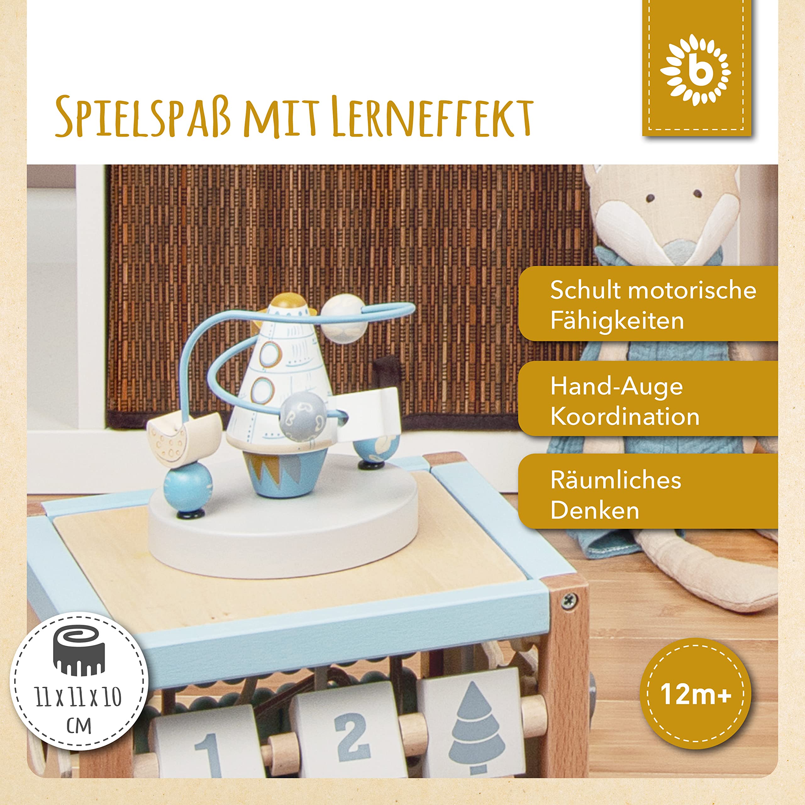 Bieco Motorikschleife Rakete | Motorikspielzeug ab 1 Jahr | Niedliches Labyrinth Spiel in Raketen Design | Motorikspielzeug Baby in frischen Farben | Holzspielzeug Baby | Lernspielzeug aus Holz