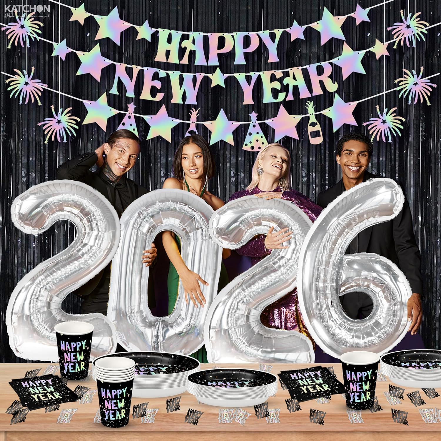 KatchOn, New Years Eve Party Supplies 2026 Silver - Pack of 139 | Happy New Year Decorations Kit | Garland, Confitti, Plates,2026 Balloons, Banner for NYE Decorations 2026 | Great NYE Decorations Pack