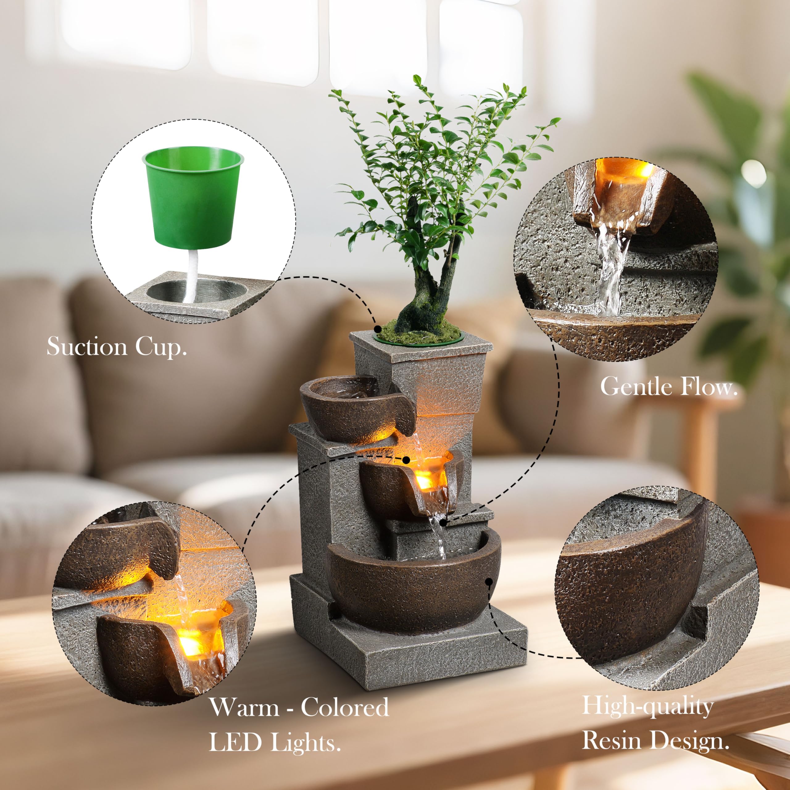 Fontana a Cascata da Tavolo, Fontana Zen per Interni con Tre Bacini, Cascata con Luci LED, Pietre Naturali, Perfetta per Casa, Ufficio, Yoga, Pompa Inclusa (22025N)