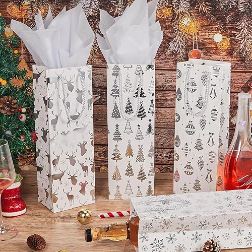 Miniatura 10 de Paquete de 32 bolsas de regalo de papel kraft de Navidad con asa de papel de seda metálico dorado champán con 4 diseños para vacaciones de invierno,