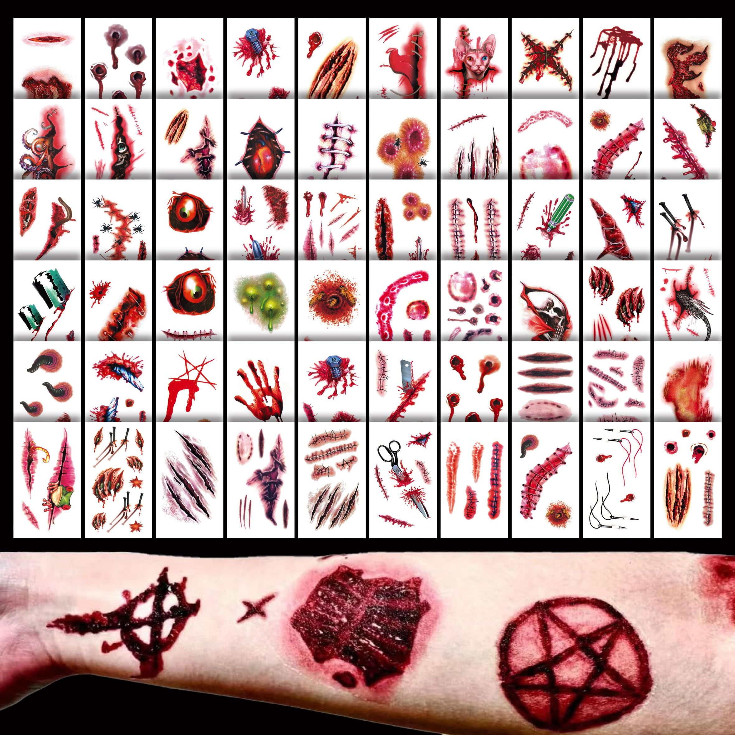 60 SHEET Halloween Scar Tattoos, 60 Sheet Halloween Zombie Scars Tattoo Stickers Fake Scab Blood Special Fx Costume Makeup Props, Make Up Party Tattoo Masquerade Prank Prop Decorations