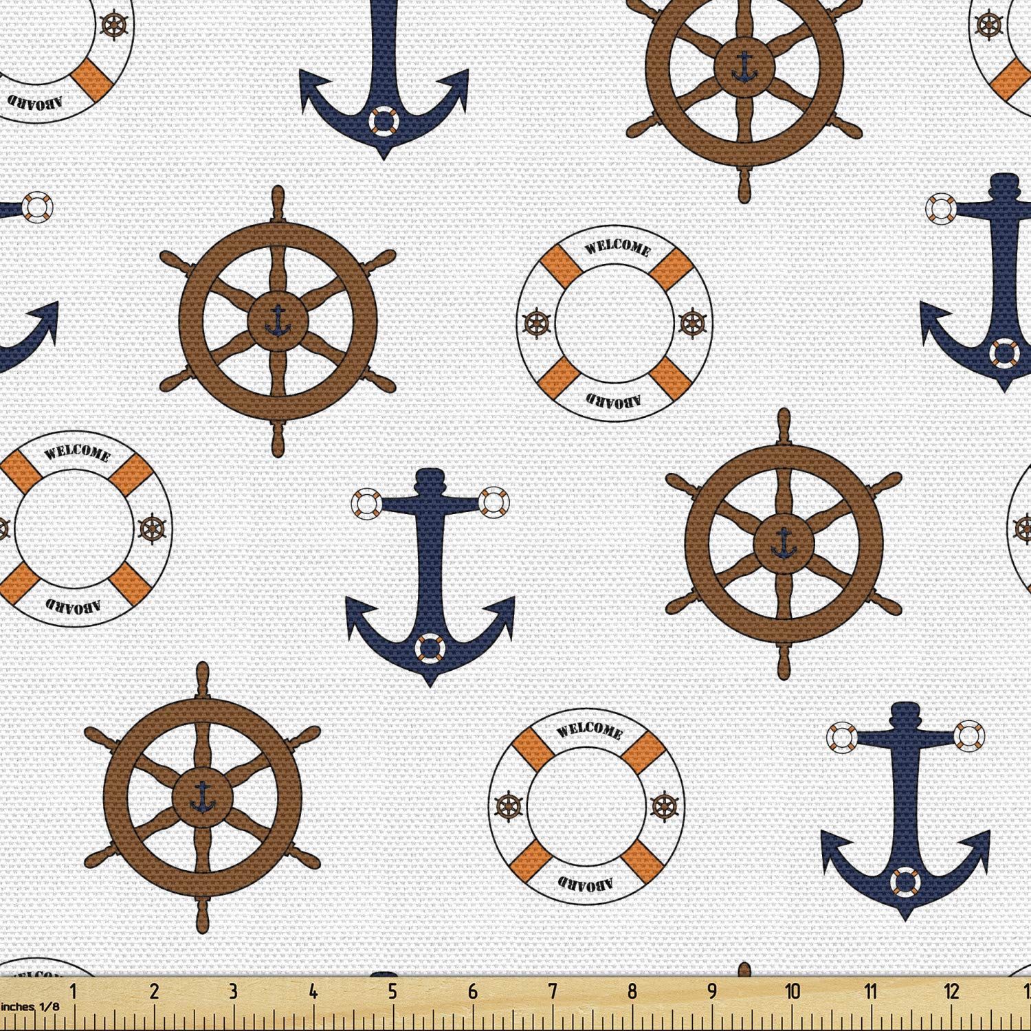 Lunarable Nautical Fabric by The Yard, Marine Anchor Ship Wheel Life Naval Sea Life Objects Illustration, Decorative Fabric for Upholstery and Home Accents, 2 Yards, Caramel Night