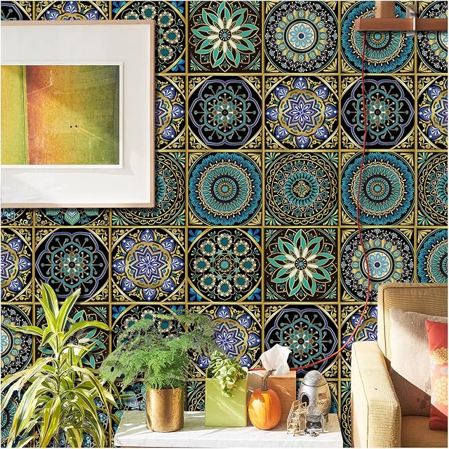 20Pcs Tile Stickers Bronze Green Mandala Style Wall Stickers for Kitchen Bathroom Self Adhesive Tiles Stickers 15×15cm Walls Fireplace Stickers Victorian Artdeco DIY