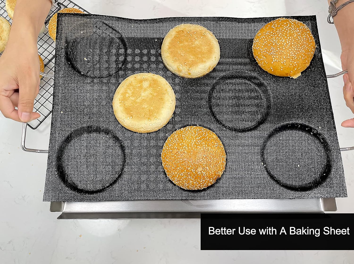 Hamburger Bun Pan, Mesh Silicone Hamburger Bun Mold, Non Stick Baking Pan for Making Buns, Great Perforated Bakery Molds for Gluten Free Buns(8 loaf, 17.1X12.2X1.6 inch)