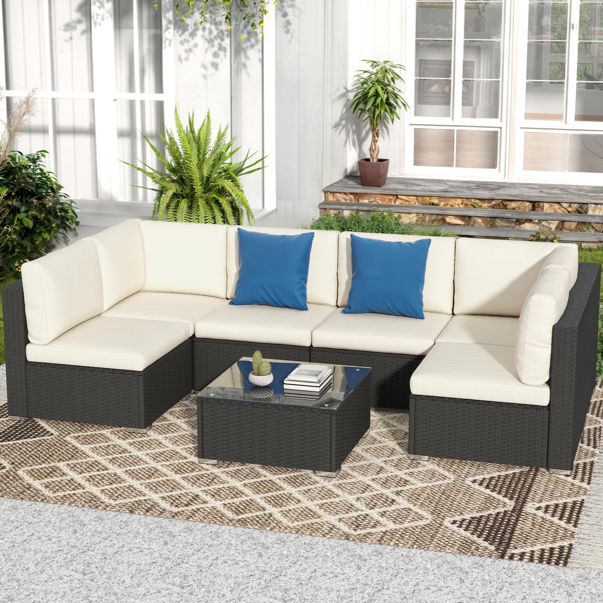 DWVO 7-Piece Patio Furniture Set, All-Weather PE Rattan Wicker Outdoor Sectional Sofa with Soft Cushions & Coffee Table, Patio Conversation Set for Backyard, Garden, Porch, Balcony (Beige+Black)