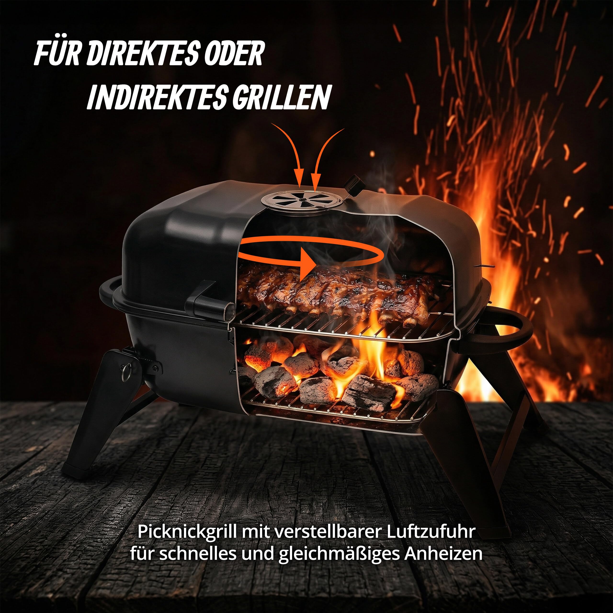 Relaxdays Tischgrill, tragbarer Klappgrill, HBT: 34 x 59 x 36 cm, Warmhalterost, Lüftung, Kohlegrill, Stahl, schwarz